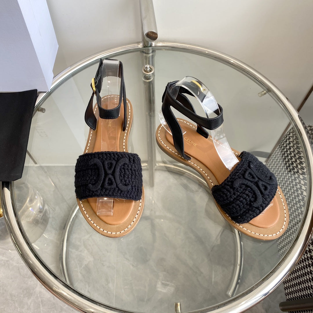 Celine LYMPIA SANDAL IN BLACK TRIOMPHE MACCRAMÉ COTTON AND CALFSKIN