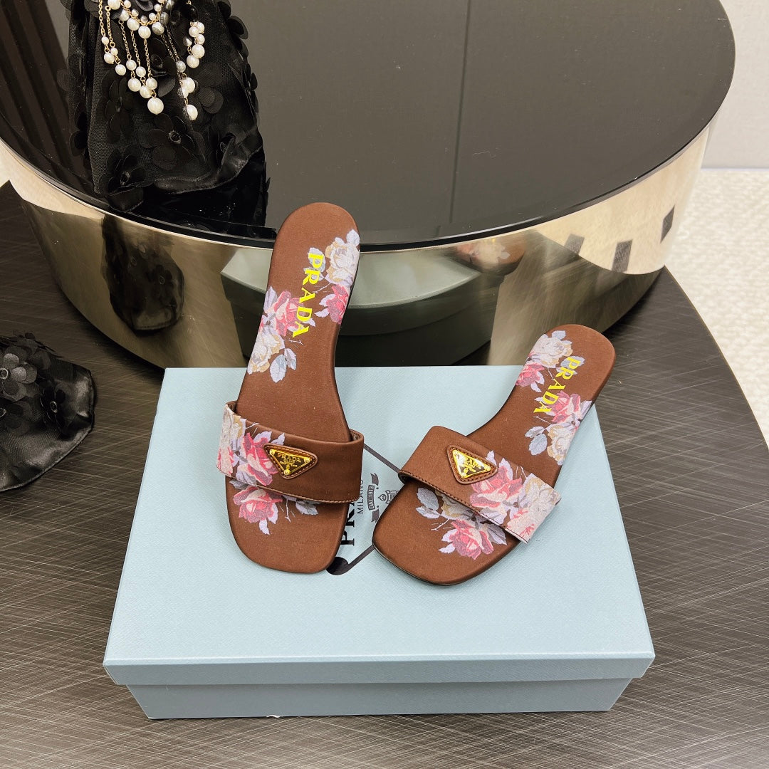PRADA PRINTED SLIDES SLIPPERS CINNAMON SATIN