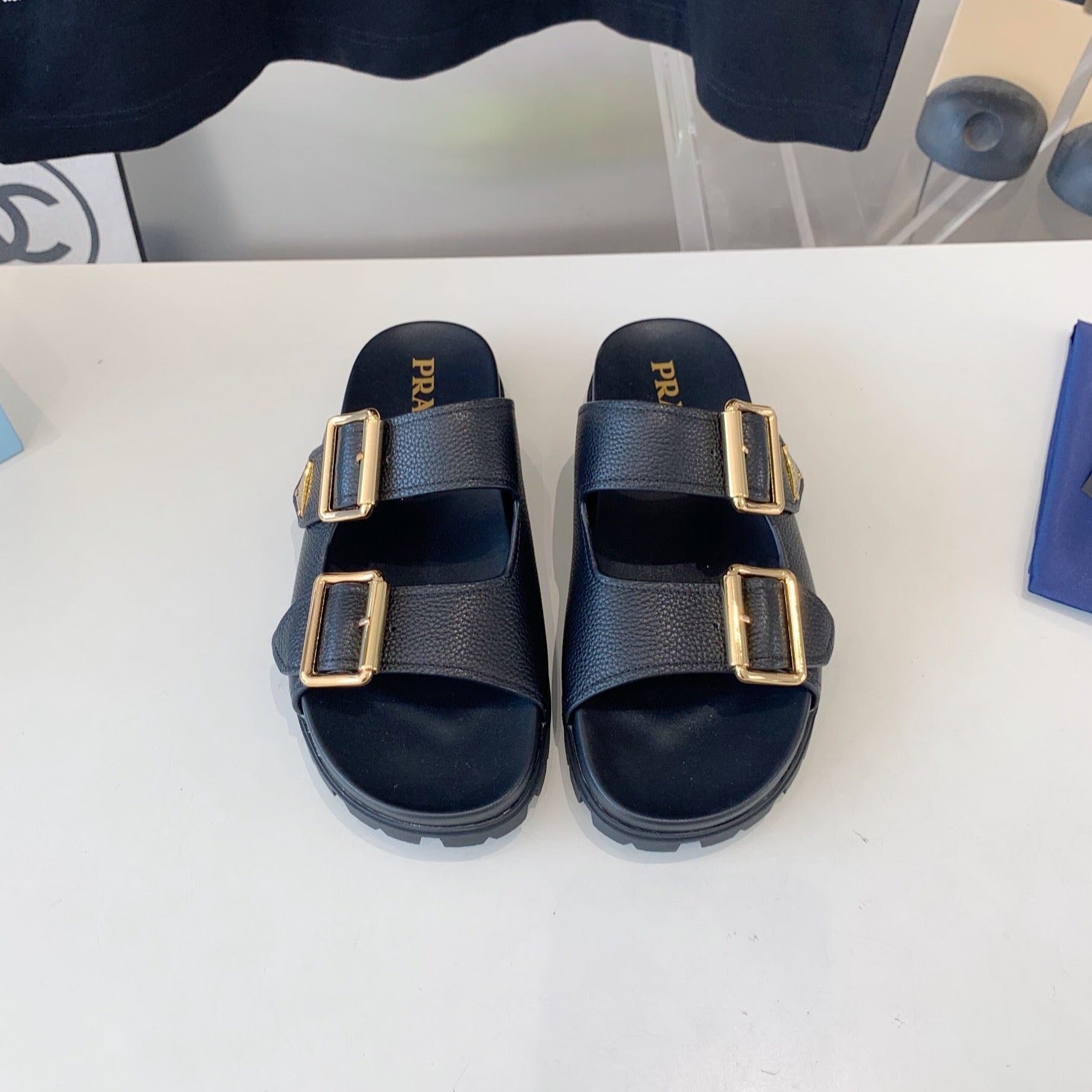 PRADA STRAP SLIDES SANDALS BLACK LAMBSKIN