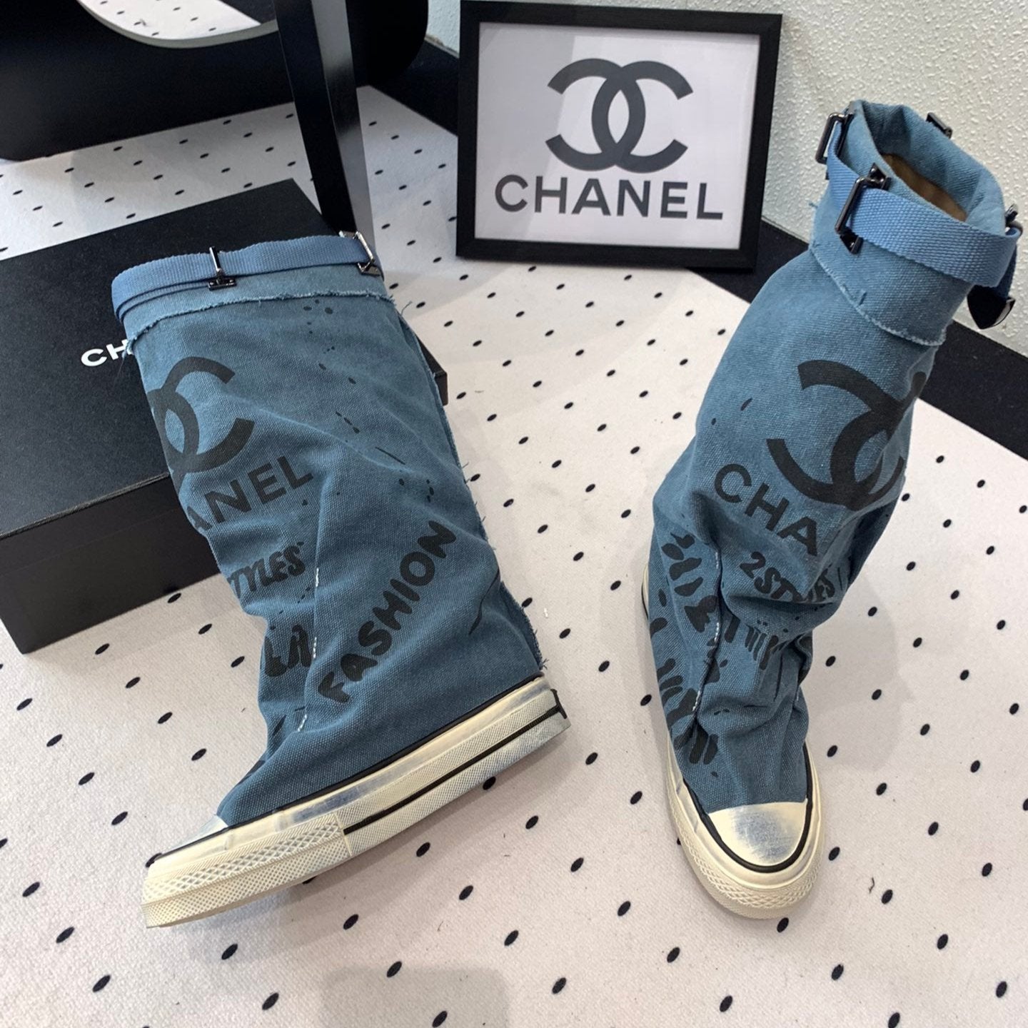 CHANEL High-Top Canvas Boots Blue Black Denim Fabric 938049