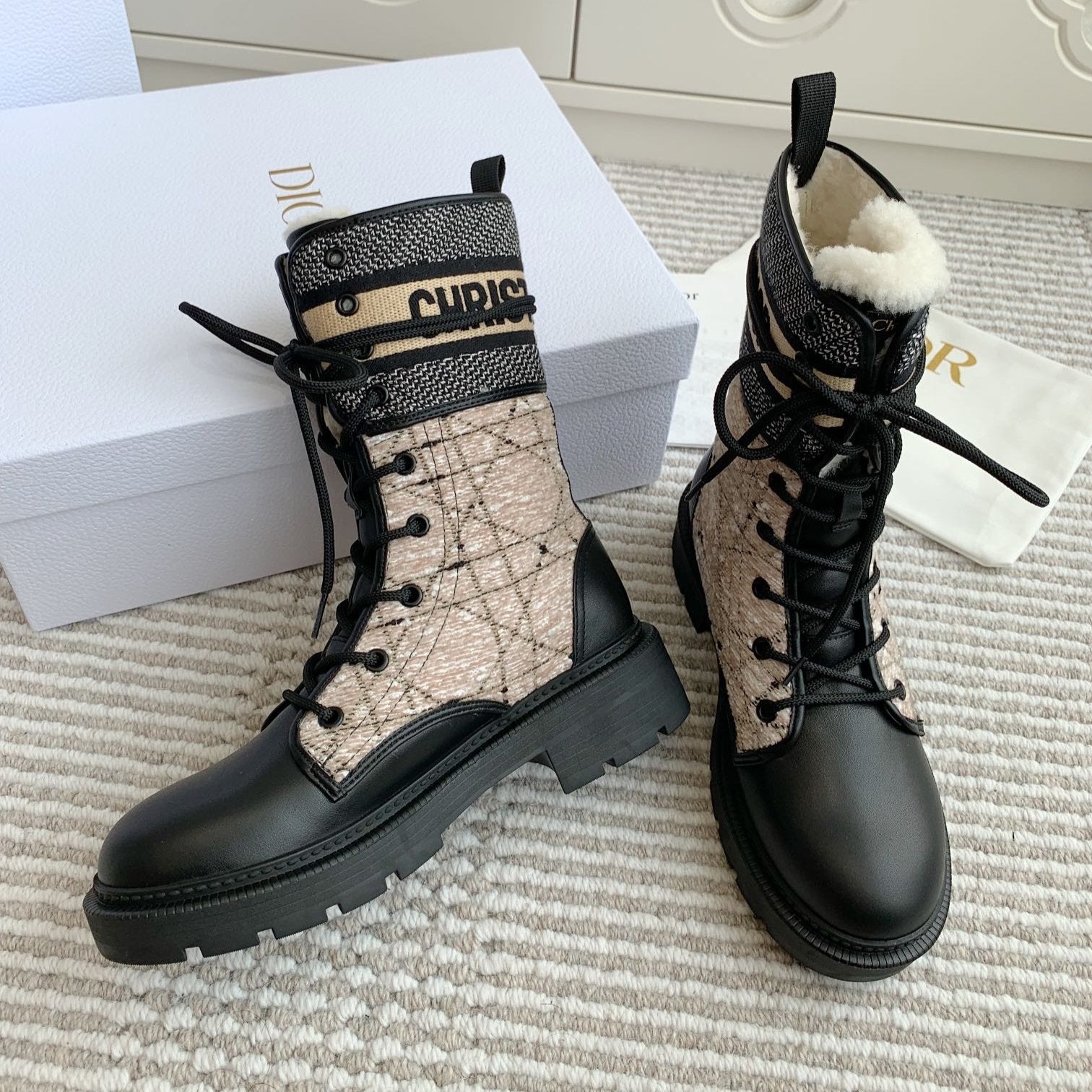 DIOR D-Major Ankle Boot In Dark Beige Mix Black Canvas With Fleece Lining 105072