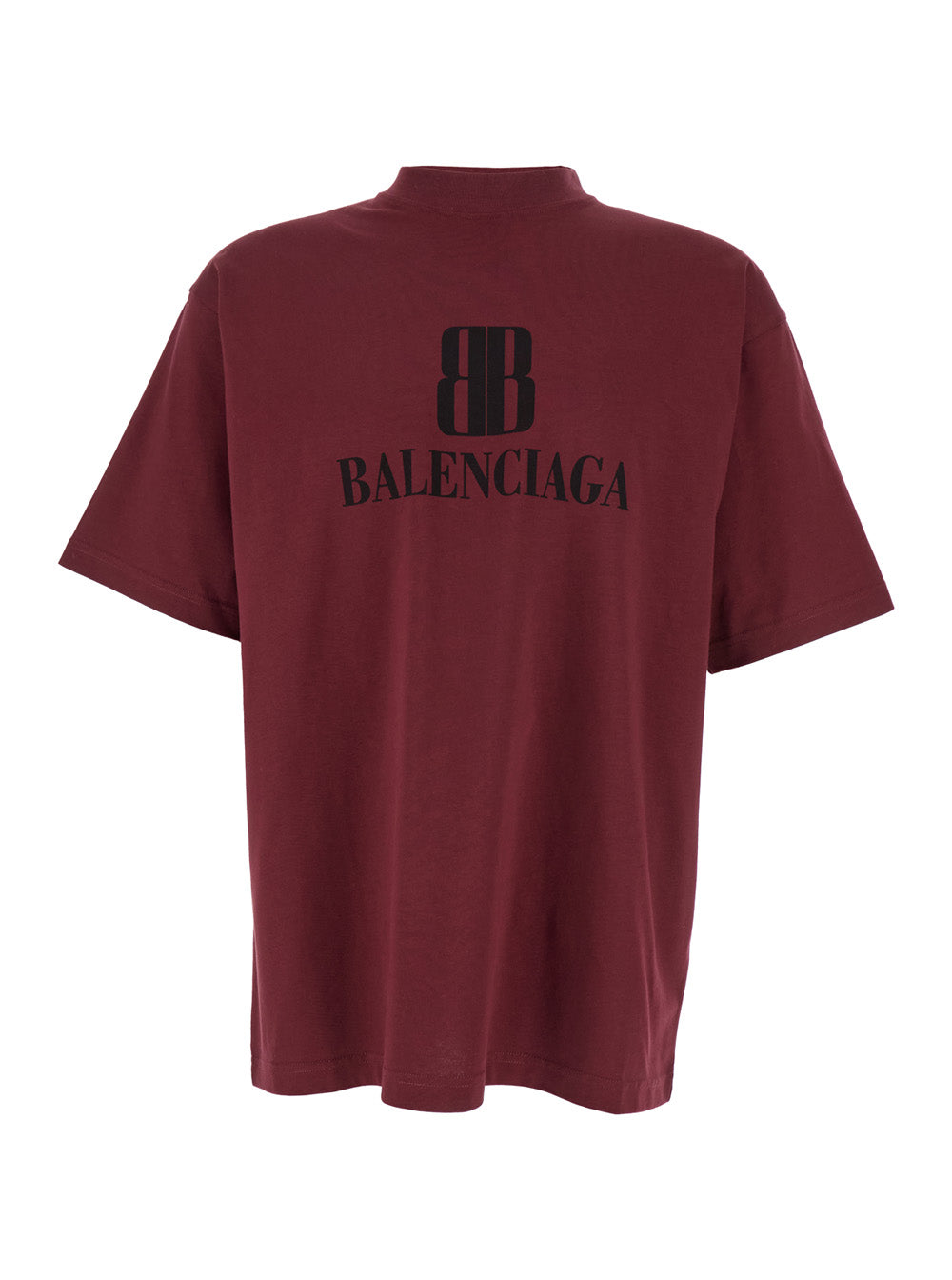 Balenciaga Men Bordeaux Crewneck T-Shirt With Logo Print On The Front In Cotton Man