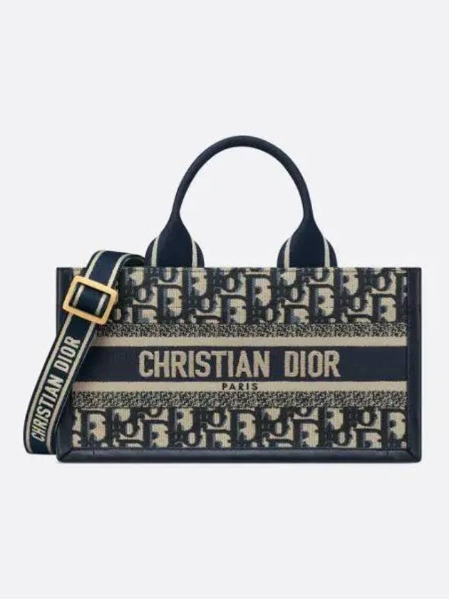 East West Oblique Embroidery Strap Book Tote Bag Blue Dior