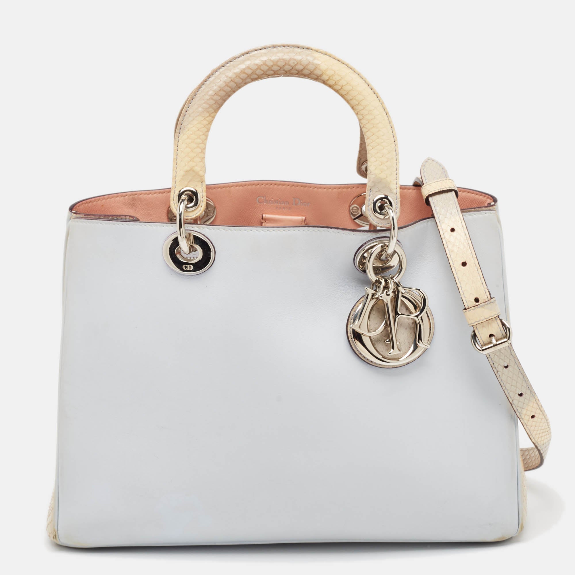 Dior Light Blue/Cream Leather and Python Medium Diorissimo Shopper Tote