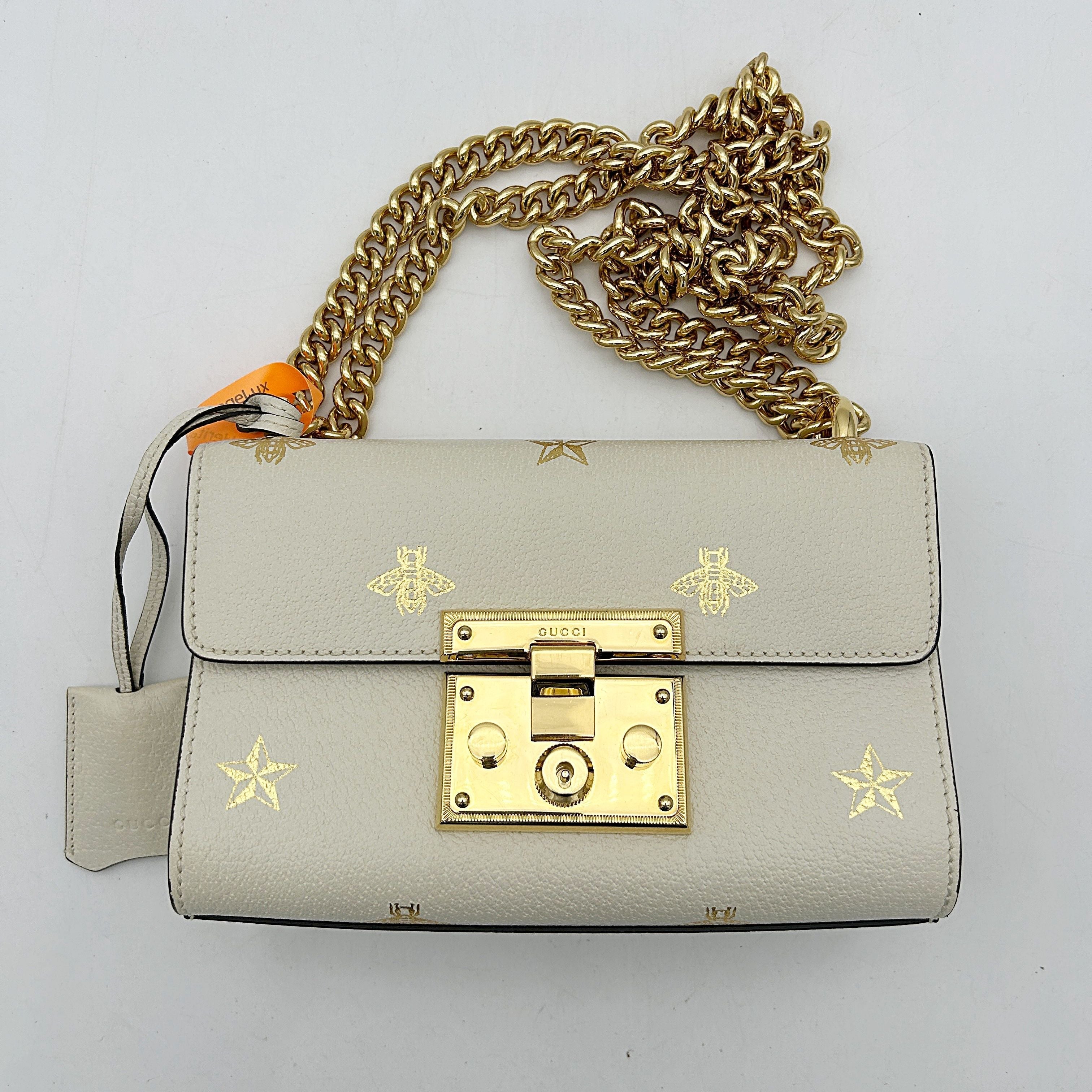 GUCCI Grained Calfskin Bee Star Small Padlock Shoulder Bag White 2506222502