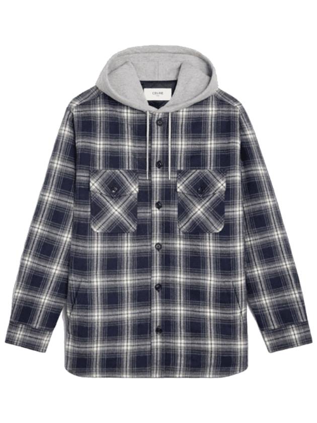 CELINE Check Cotton Hooded Oversized Shirt Jacket Navy