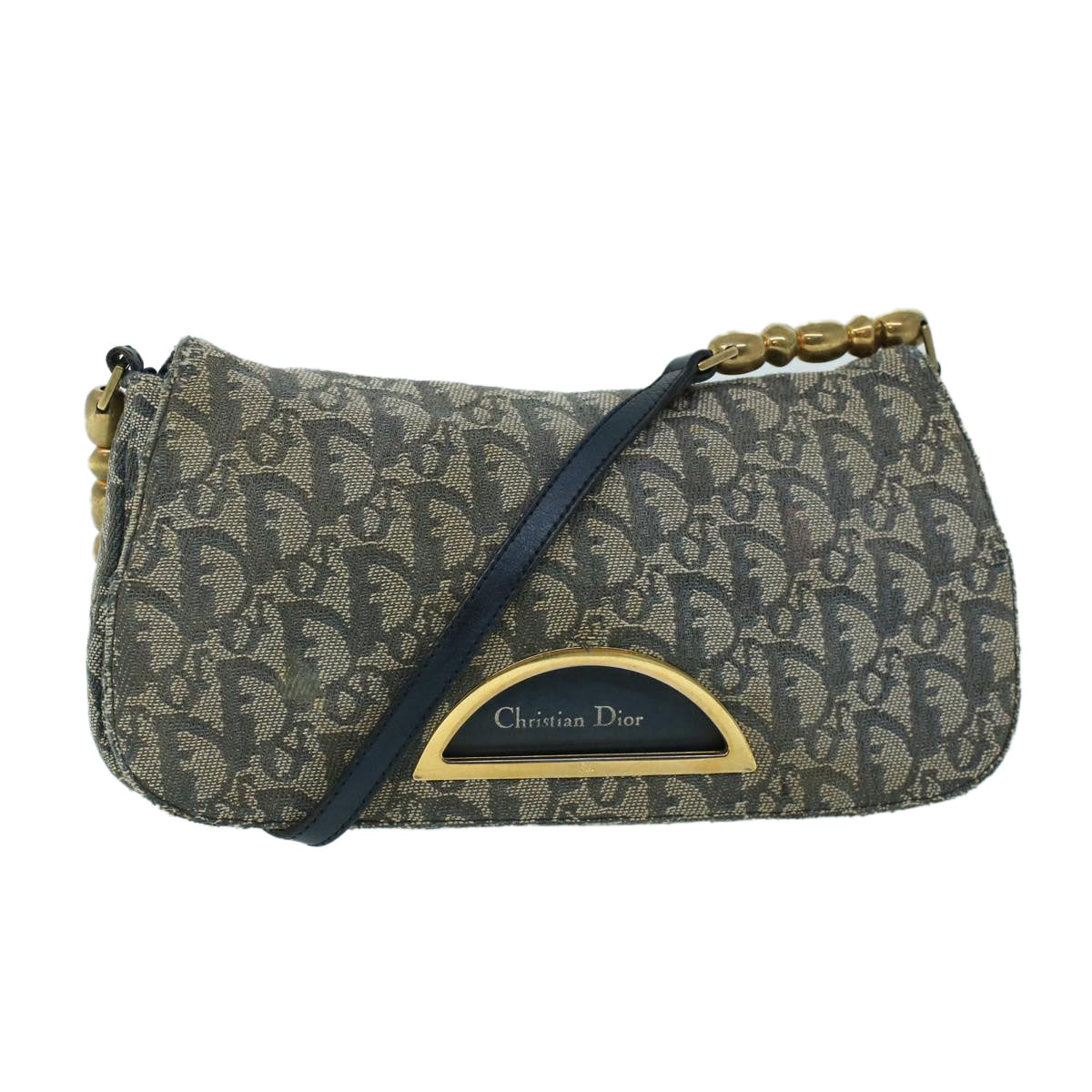 CHRISTIAN DIOR Trotter Canvas Maris Pearl Shoulder Bag Navy Auth 53747