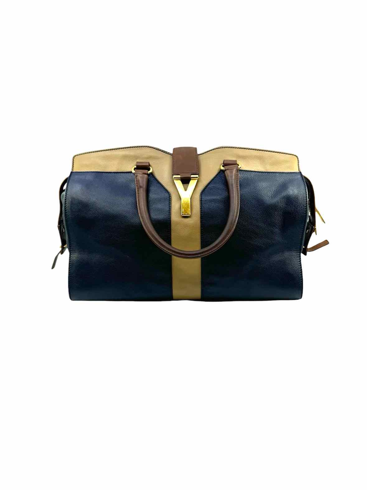 YVES SAINT LAURENT Cabas Handbag Navy, Beige Leather Solid Handbag