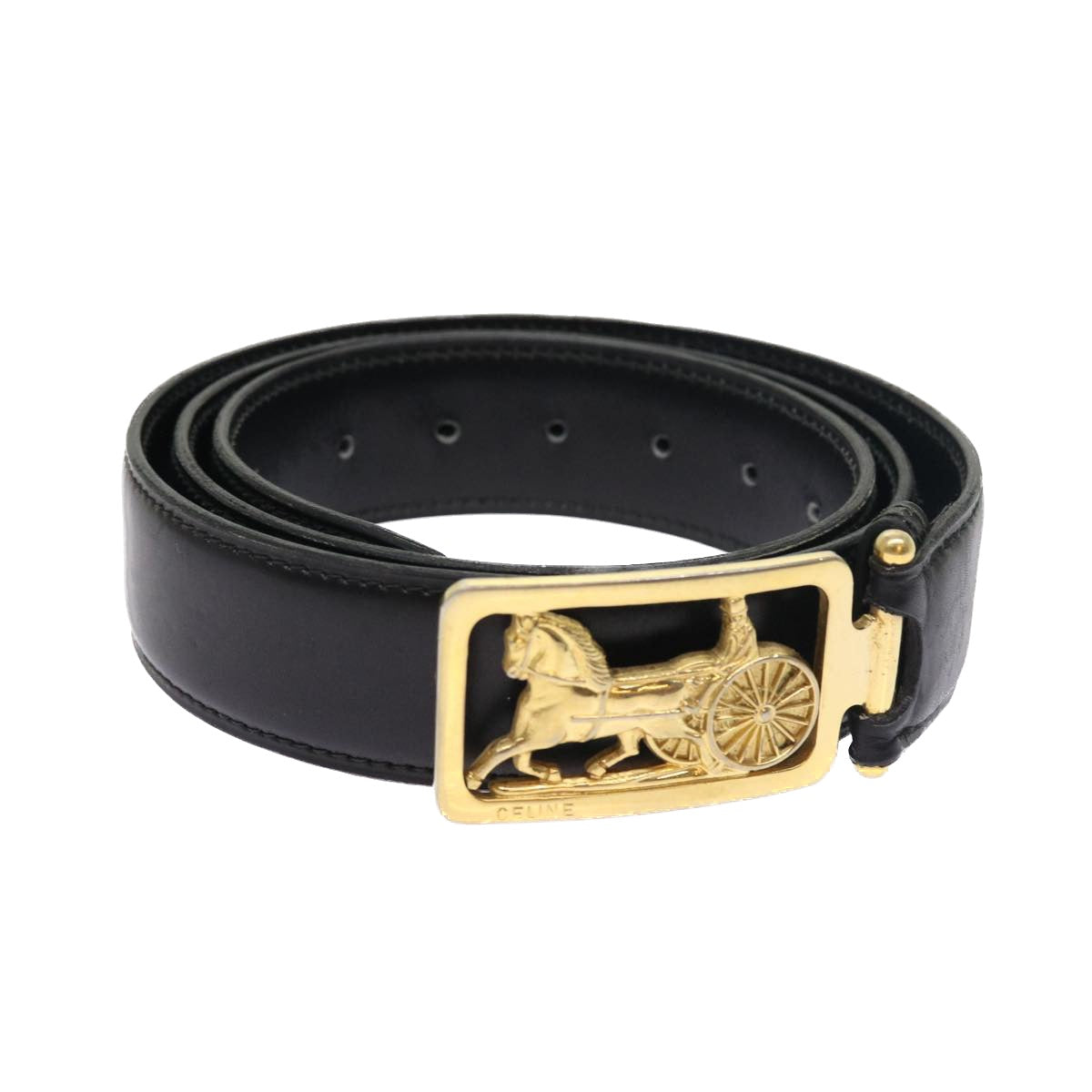 CELINE Horse Carriage Belt Leather 35.4""-37.8"" Black Gold 54945