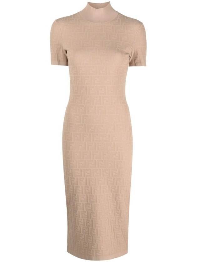 Fendi Women's FF Logo Short Sleeve Midi Dress Beige