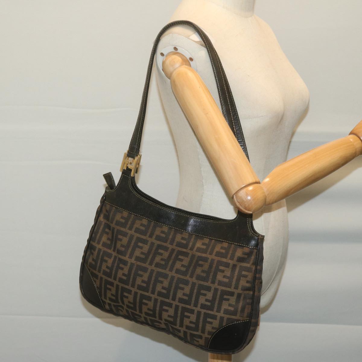FENDI Zucca Canvas Shoulder Bag Brown Black65752