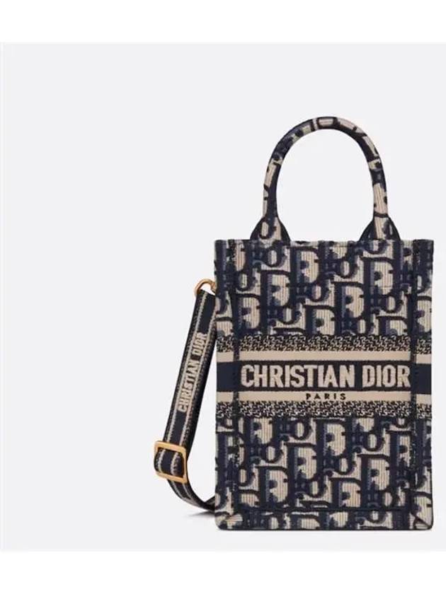 Oblique Embroidery Mini Book Phone Tote Bag Blue Dior