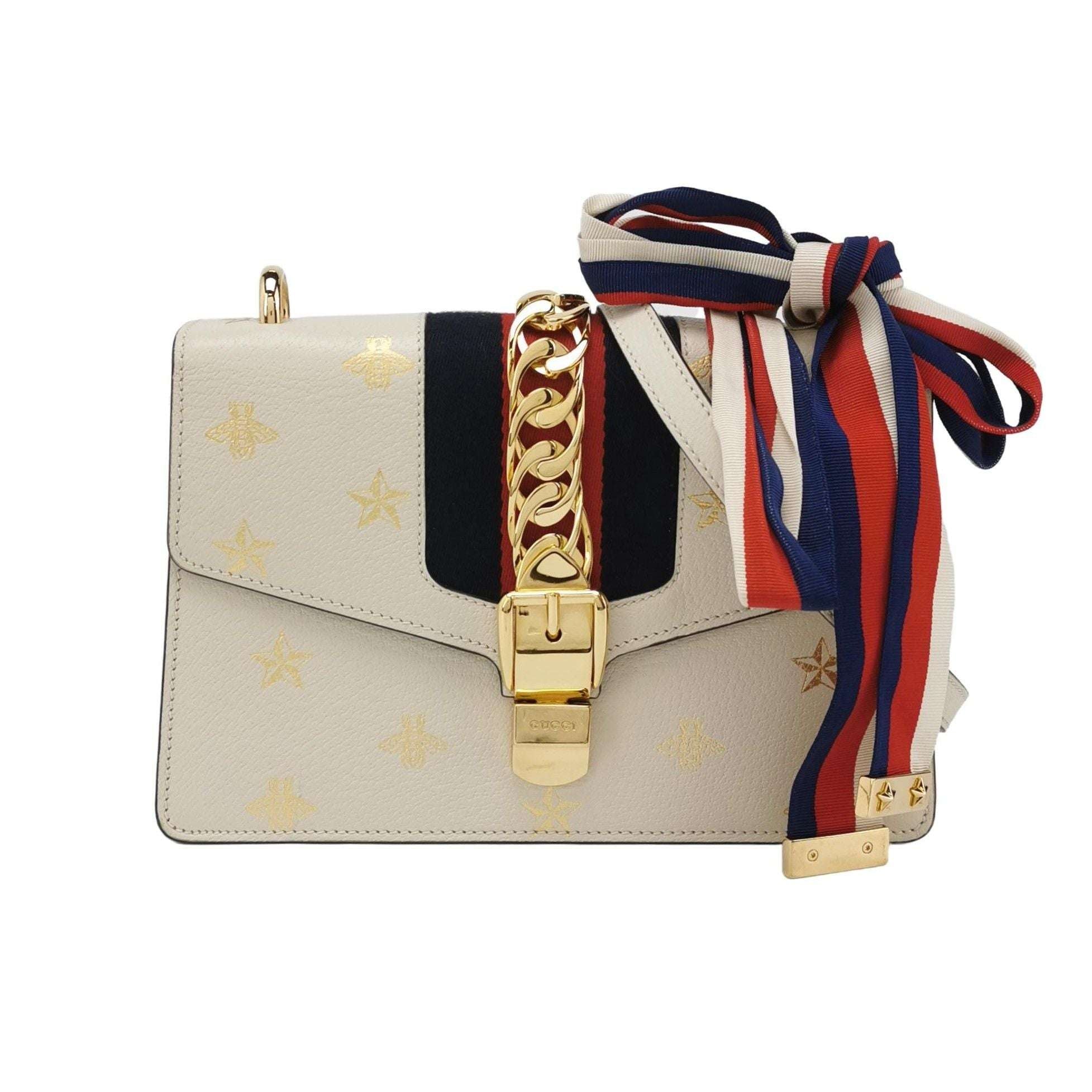 Gucci Sylvie Small Leather and Canvas Crossbody Bag with Bee and Star Print 250328781124389
