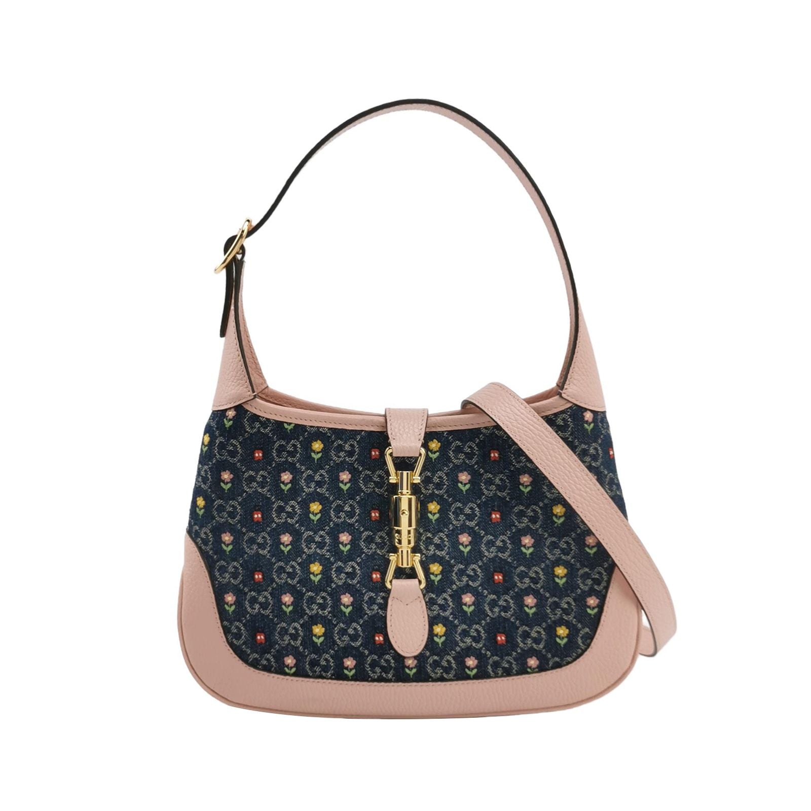 Gucci Jackie 1961 Small Leather Denim Floral Print Lock Shoulder Bag 250530781215441