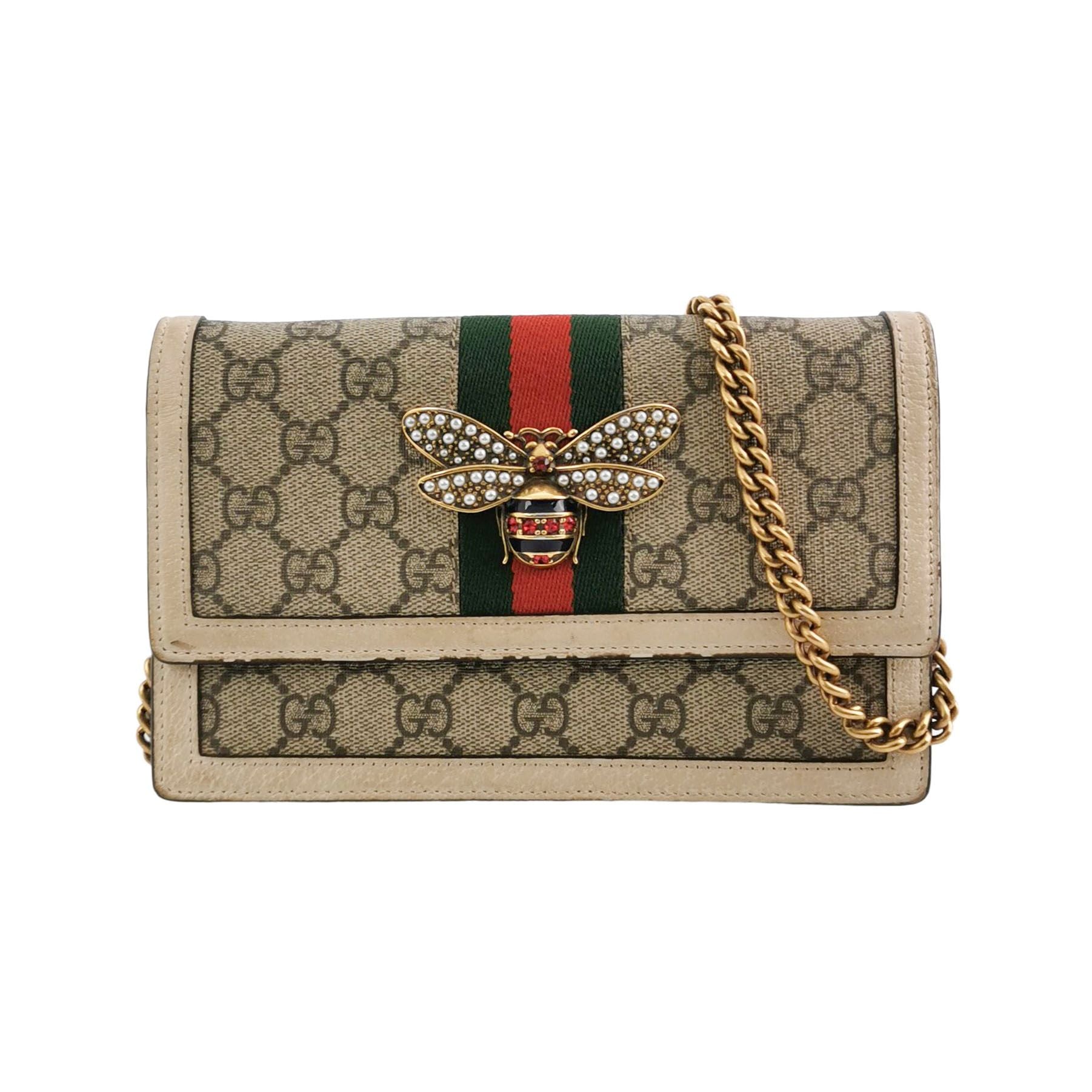 Gucci Queen Margaret Mini Bag in Leather and Canvas with GG Pattern, Stripes, Pearl, and Bee Design 24120578971632