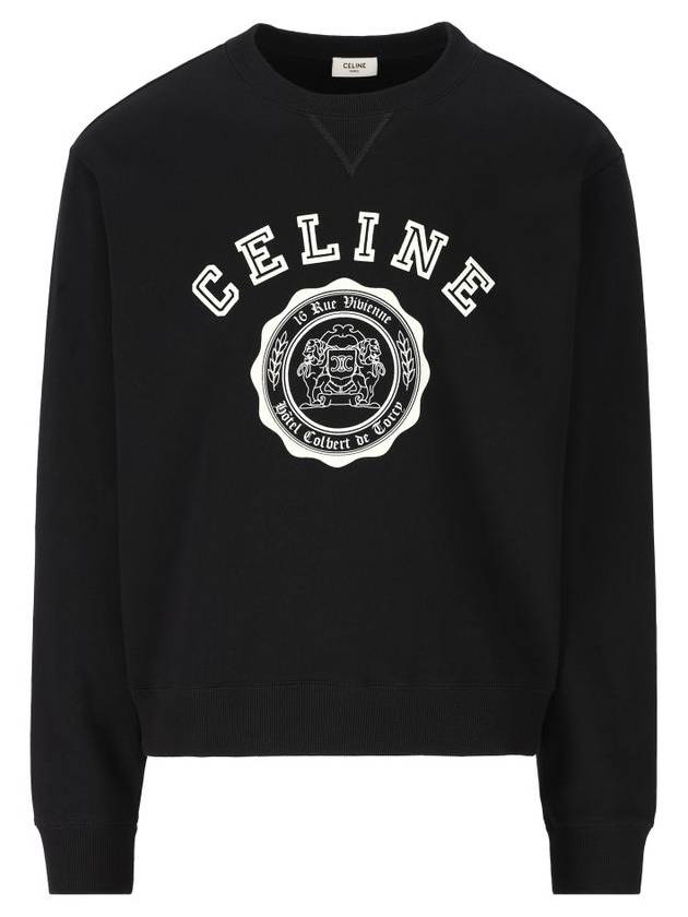CELINE Logo Crew Neck Loose Cotton Fleece Sweatshirt Black