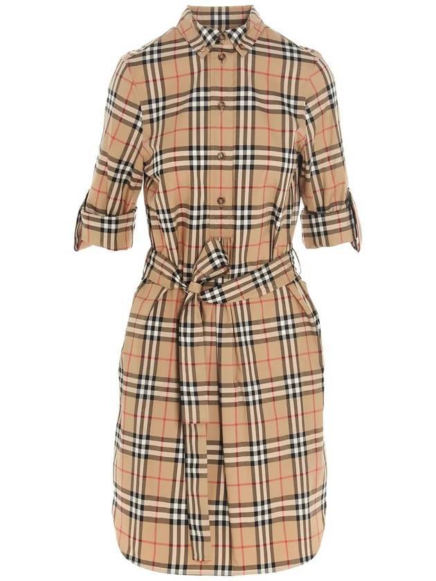 Burberry Vintage Check Stretch Cotton Tie-Waist Shirt Dress Beige