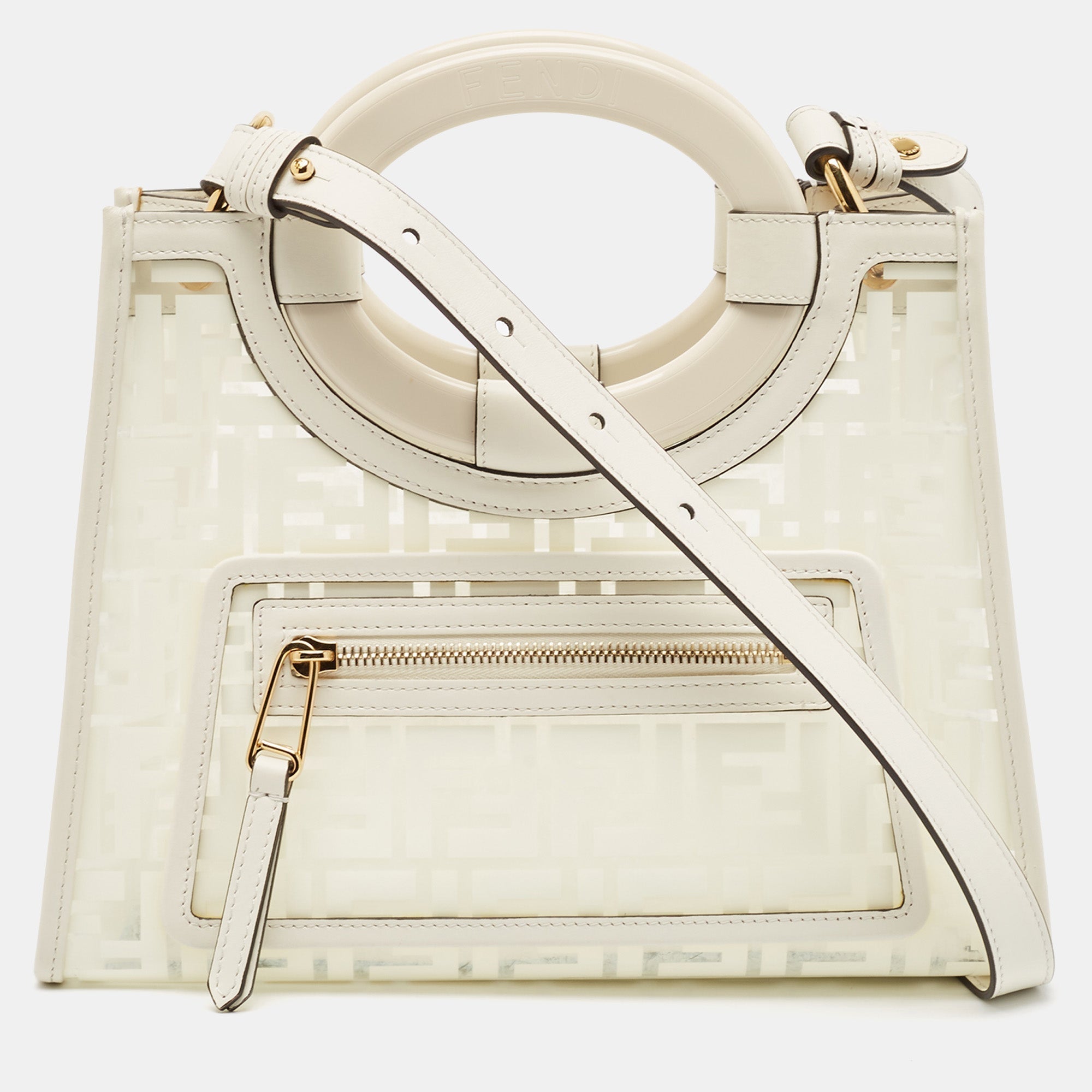 Fendi Transparent/off White Zucca Pvc And Leather Small Runaway Shopper Tote