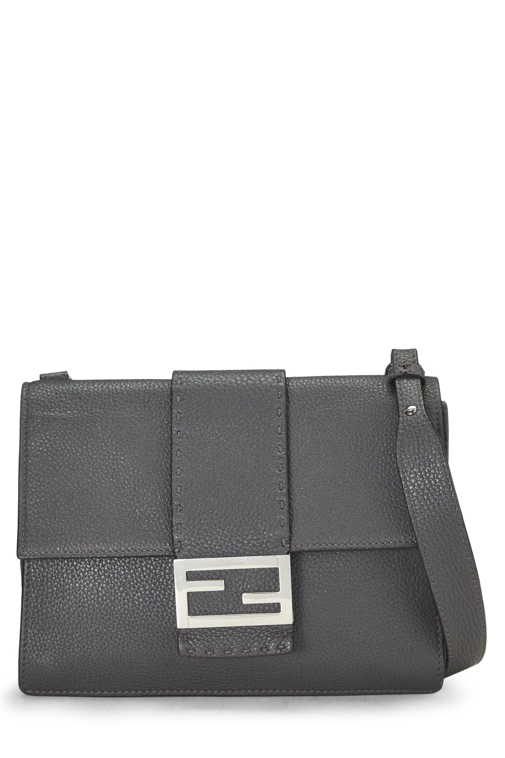 Fendi, Grey Leather Flat Baguette Bag Medium, Grey