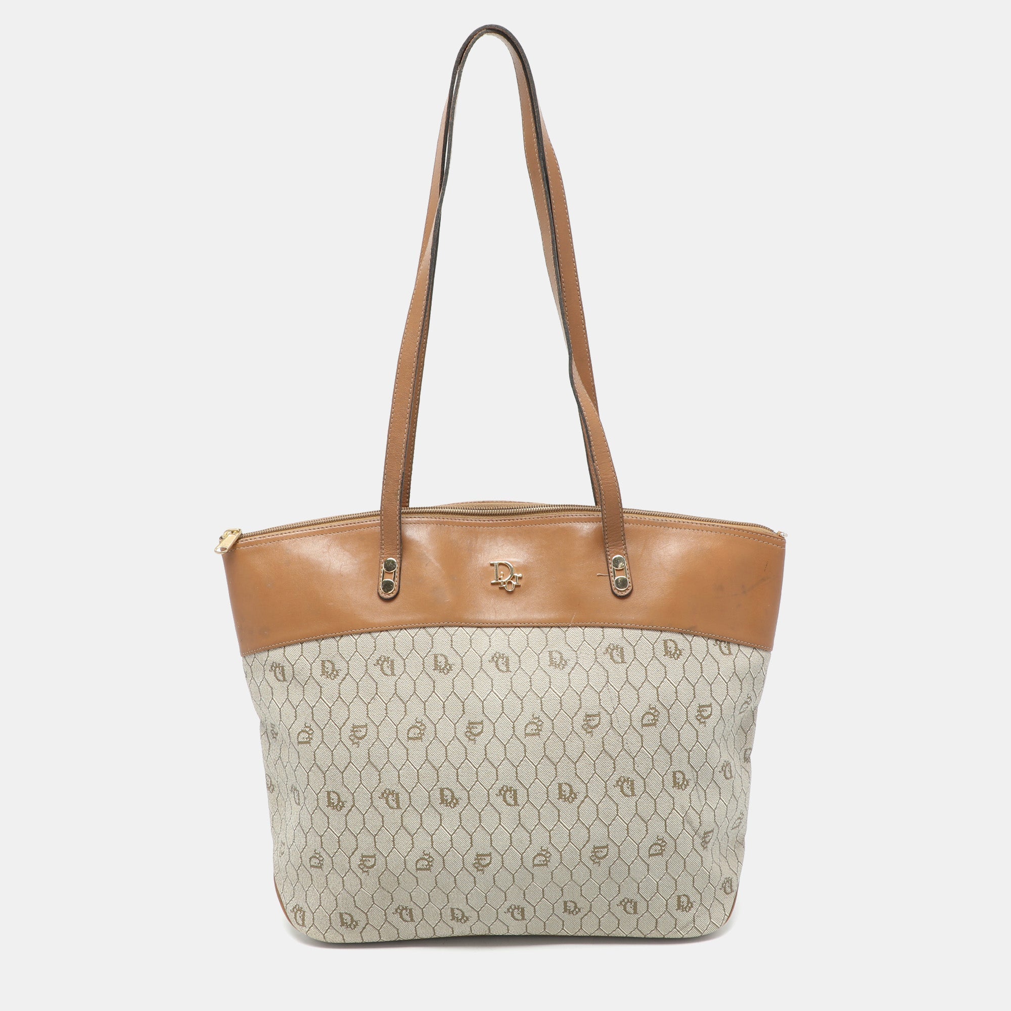 Dior Beige/Brown Honeycomb Coated Canvas and Leather Vintage Tote