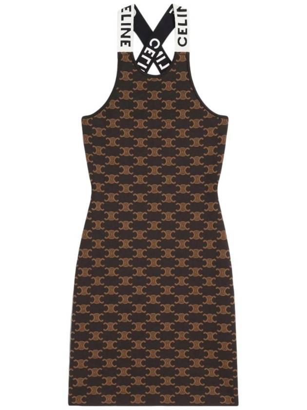 CELINE Monogram Silk Cotton Short Dress Brown