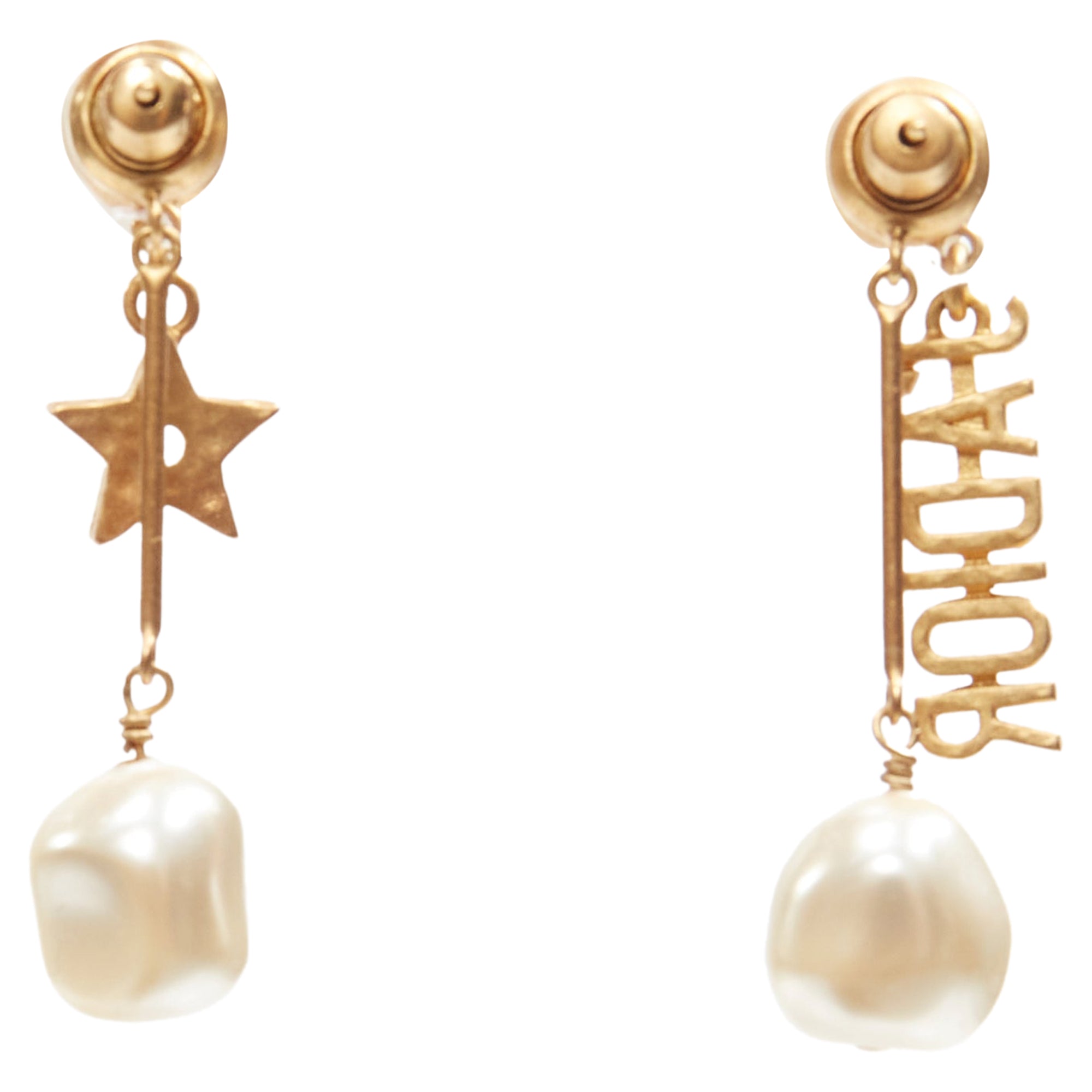 Dior Tribale J'adior pearl logo drop star pin asymmetric stud earrings pair