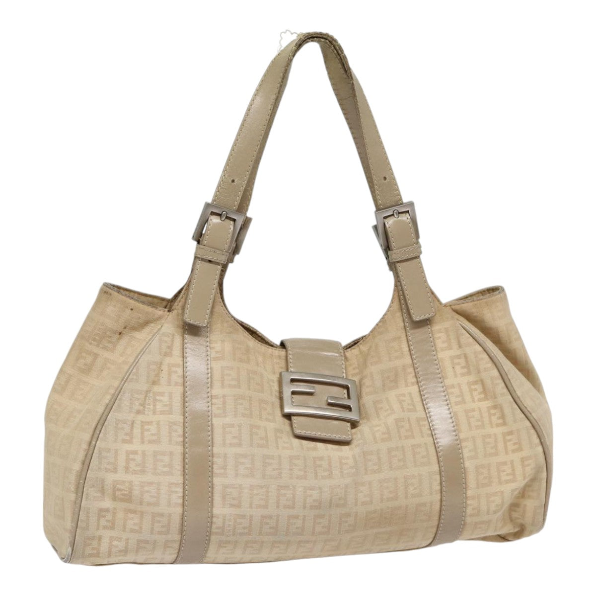 FENDI Zucchino Canvas Shoulder Bag Silver Beige87811
