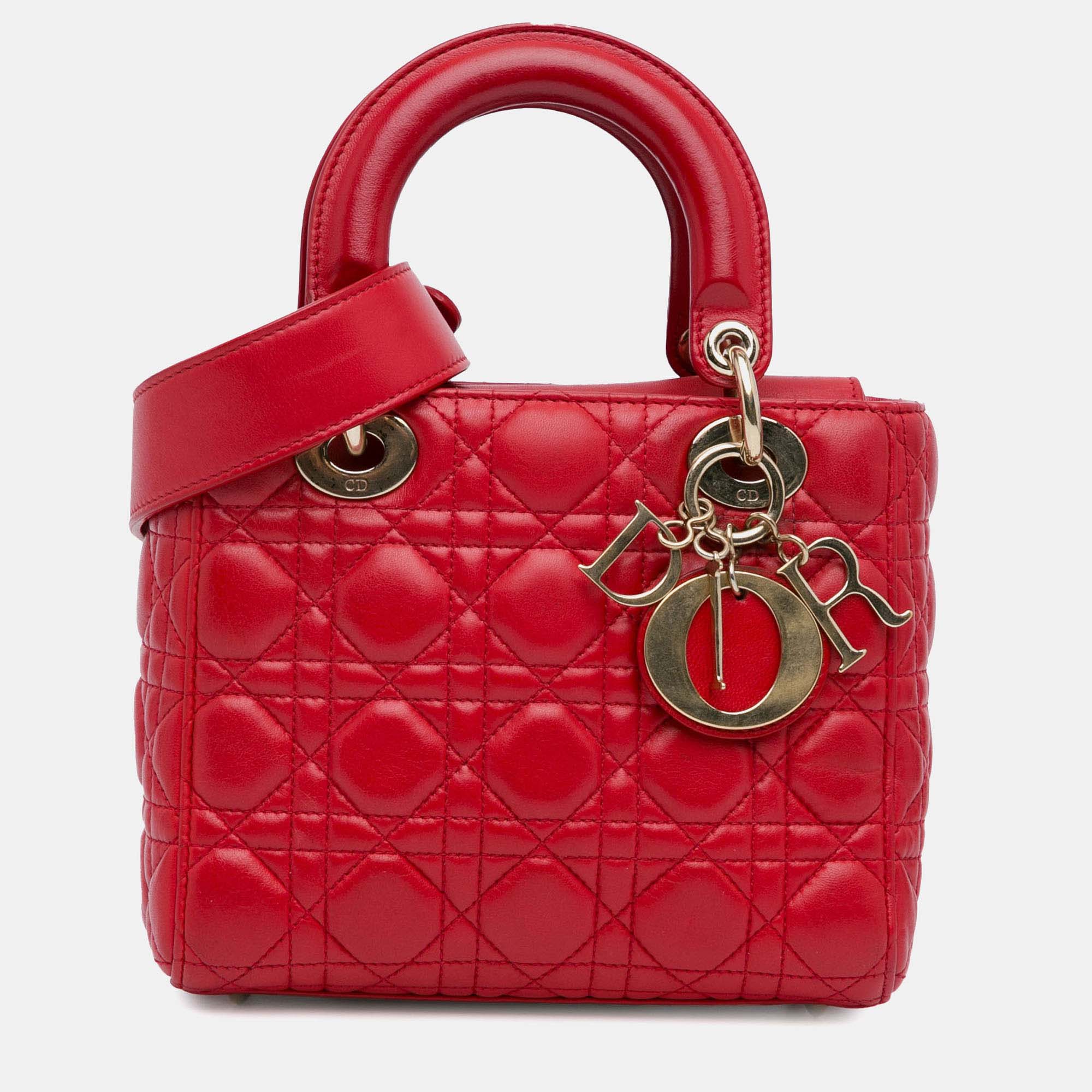 Dior Red Lambskin Leather Small Cannage Lucky Badges My Lady Shoulder Bag