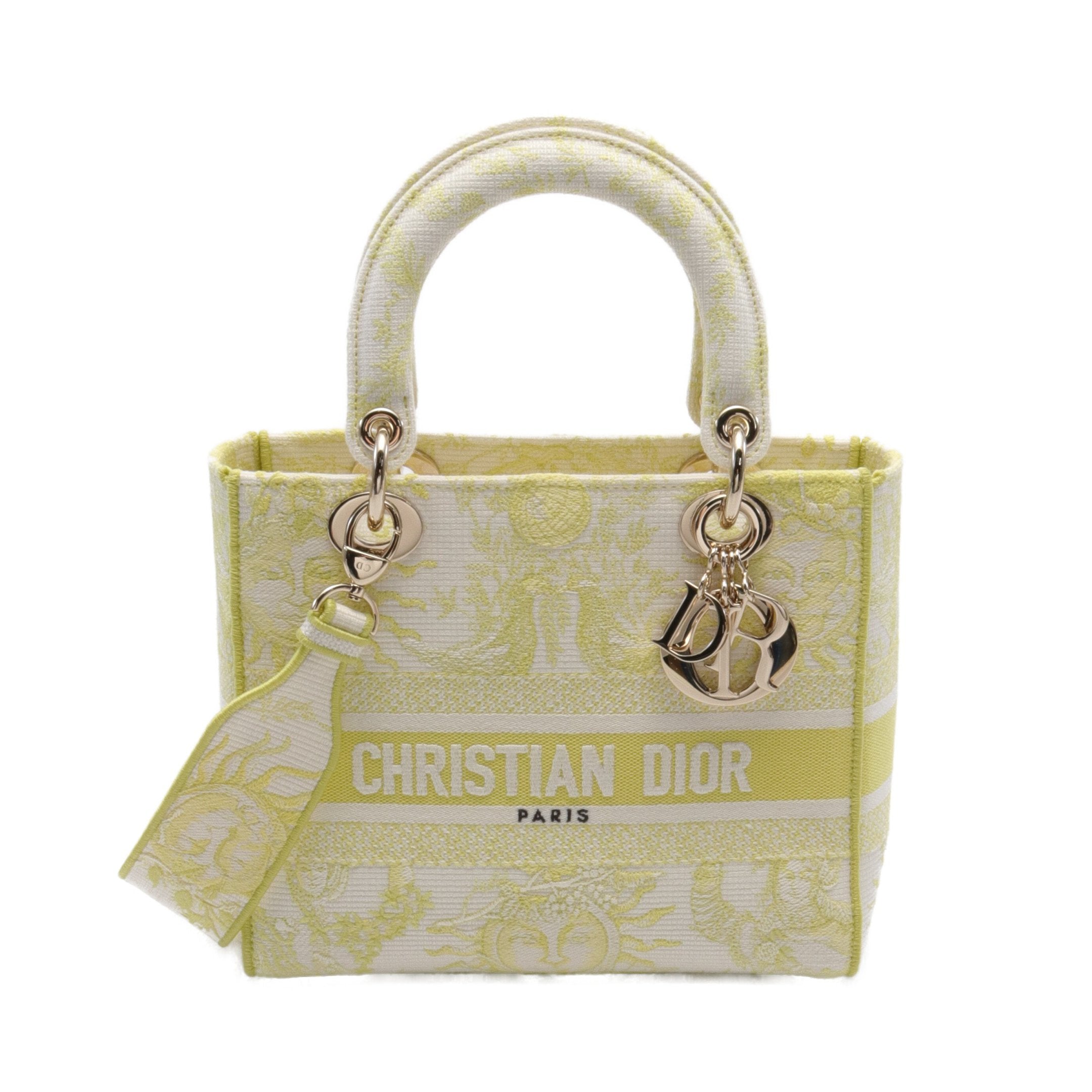 Dior LADY D-LITE Medium Handbag Canvas Yellow White 2WAY