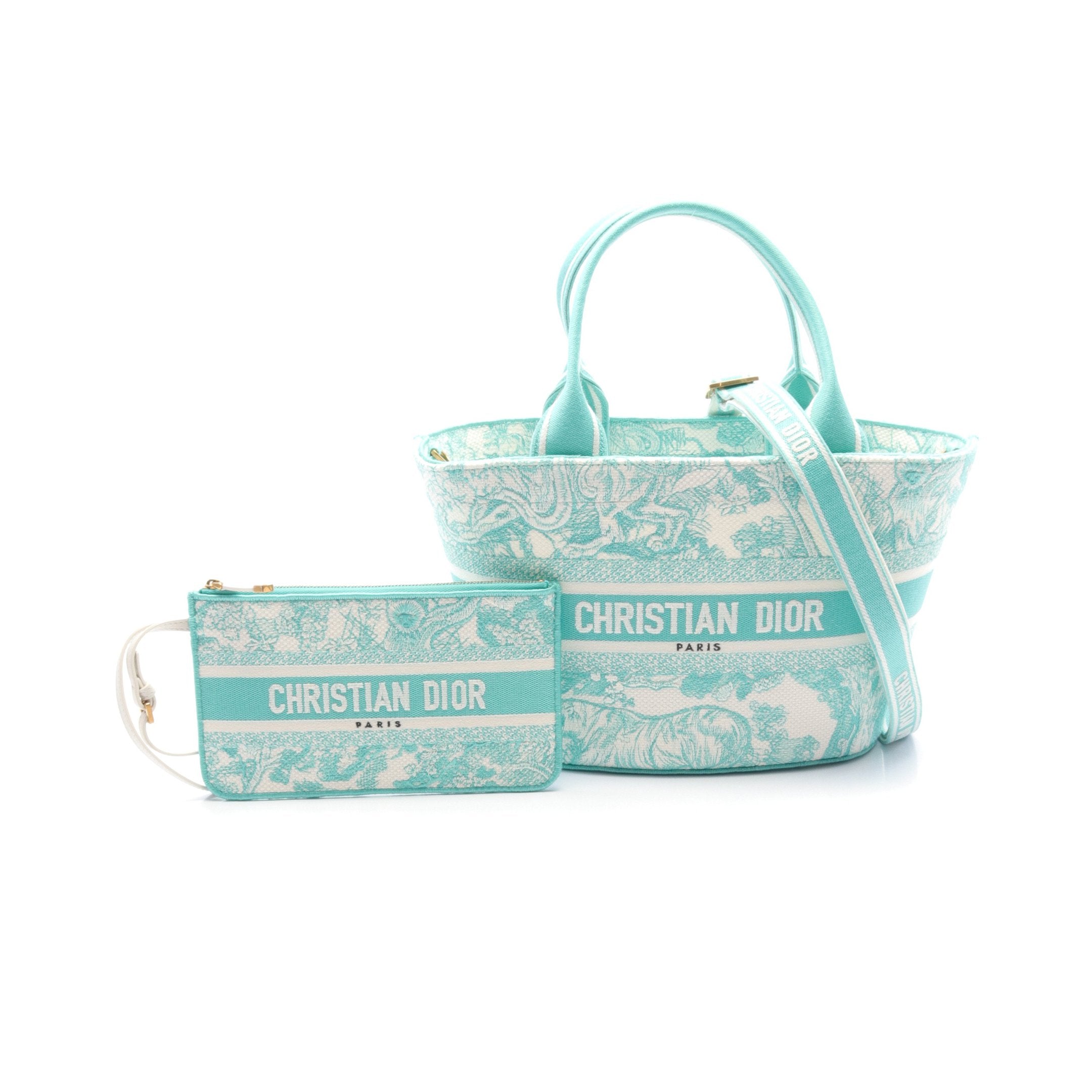 Dior DIORIVIERA Pannier Chapeau Bag Toile De Jouy Embroidery Handbag Tote bag Canvas Emerald green White 2WAY