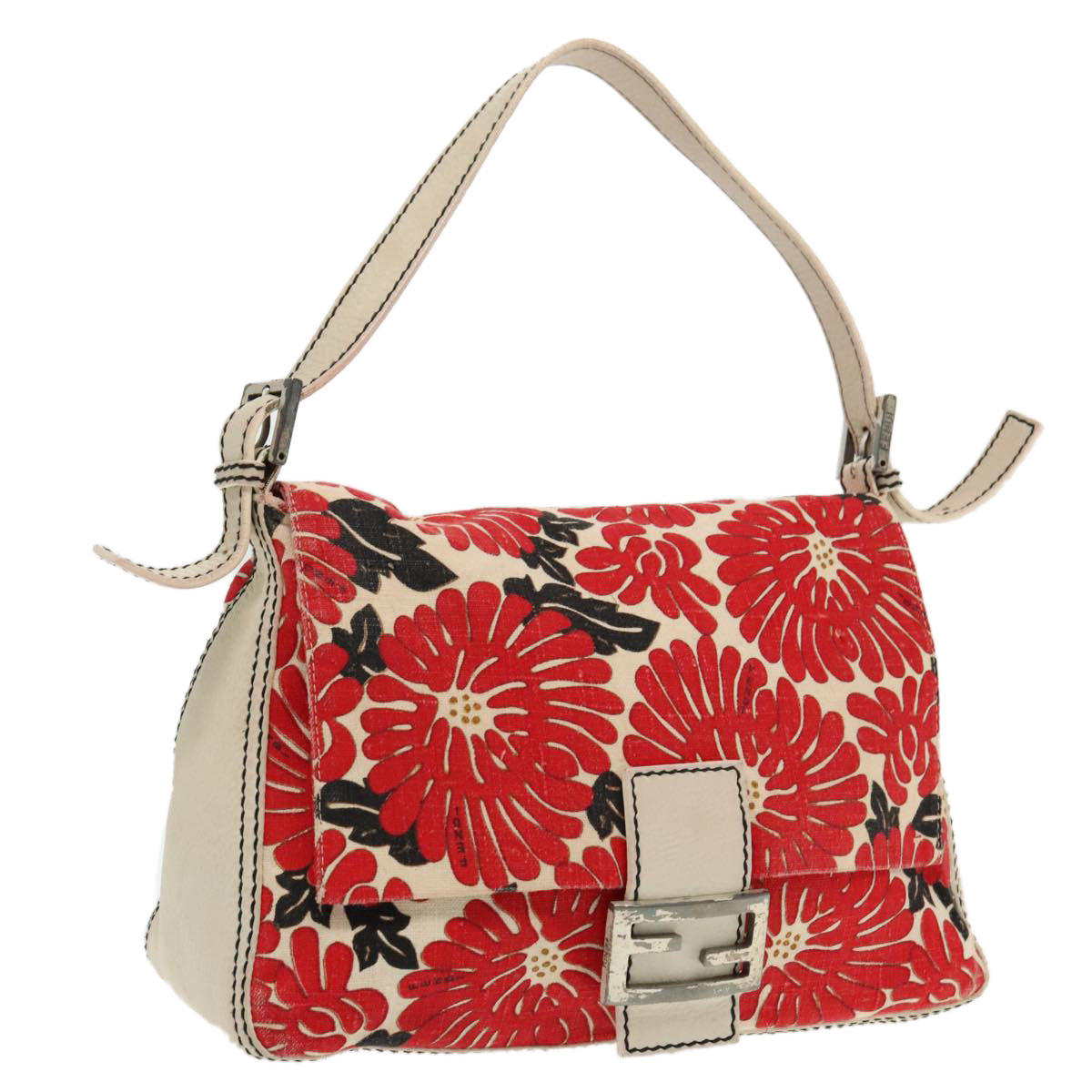 FENDI Mamma Baguette Shoulder Bag Canvas Leather Red White Silver95392