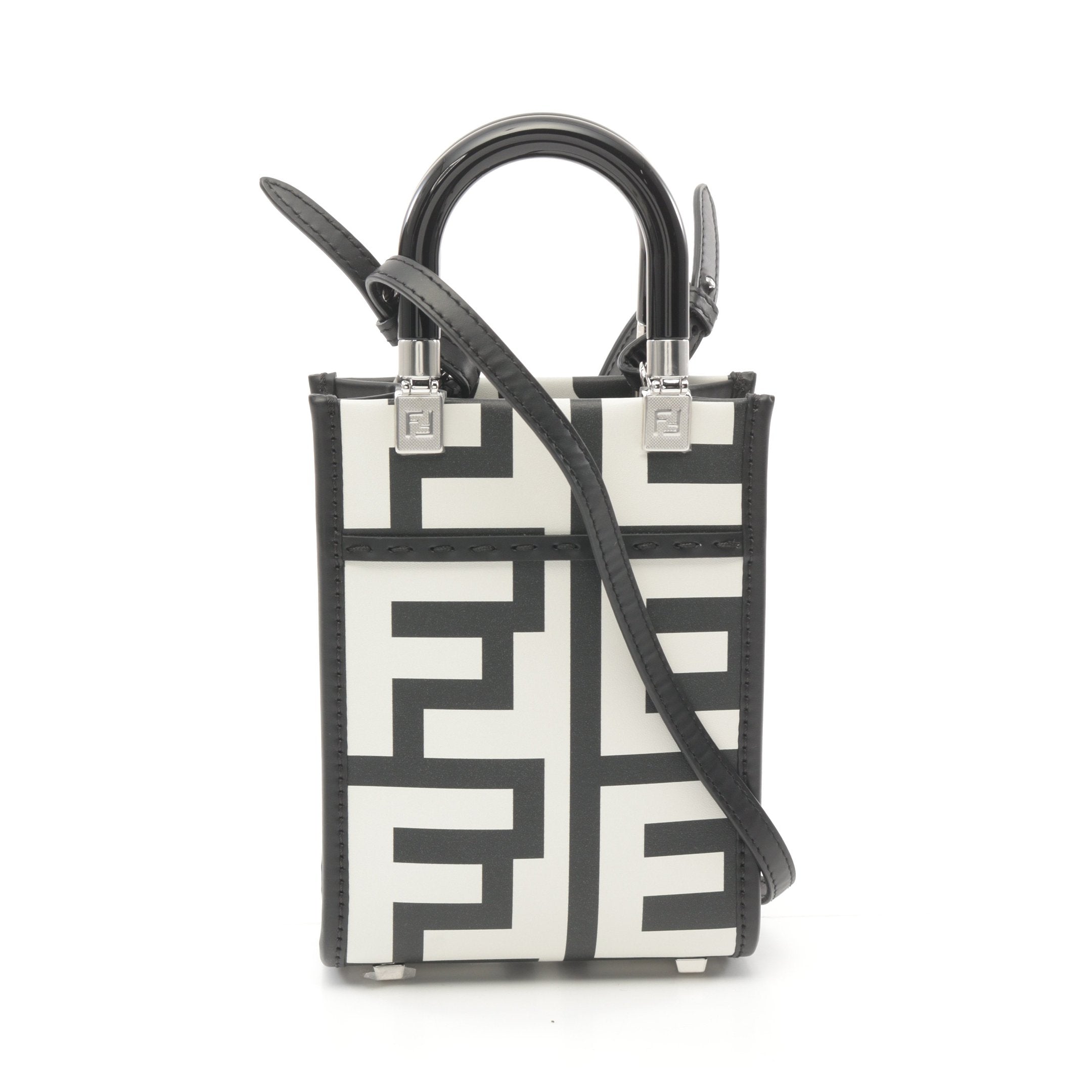 FENDI Sunshine Shopper Mini Handbag Leather Black White 2WAY