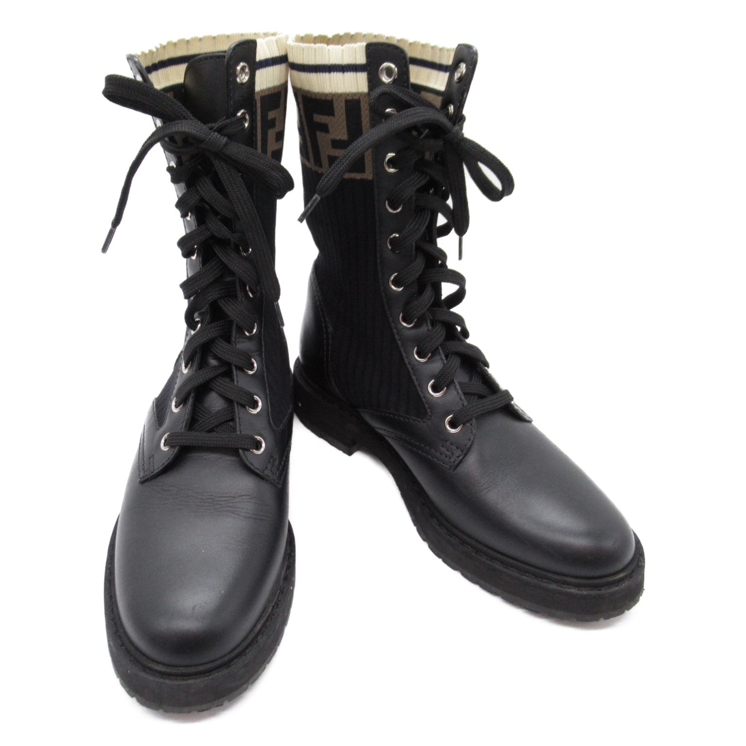 FENDI Knit Boots Boots Leather Canvas Black