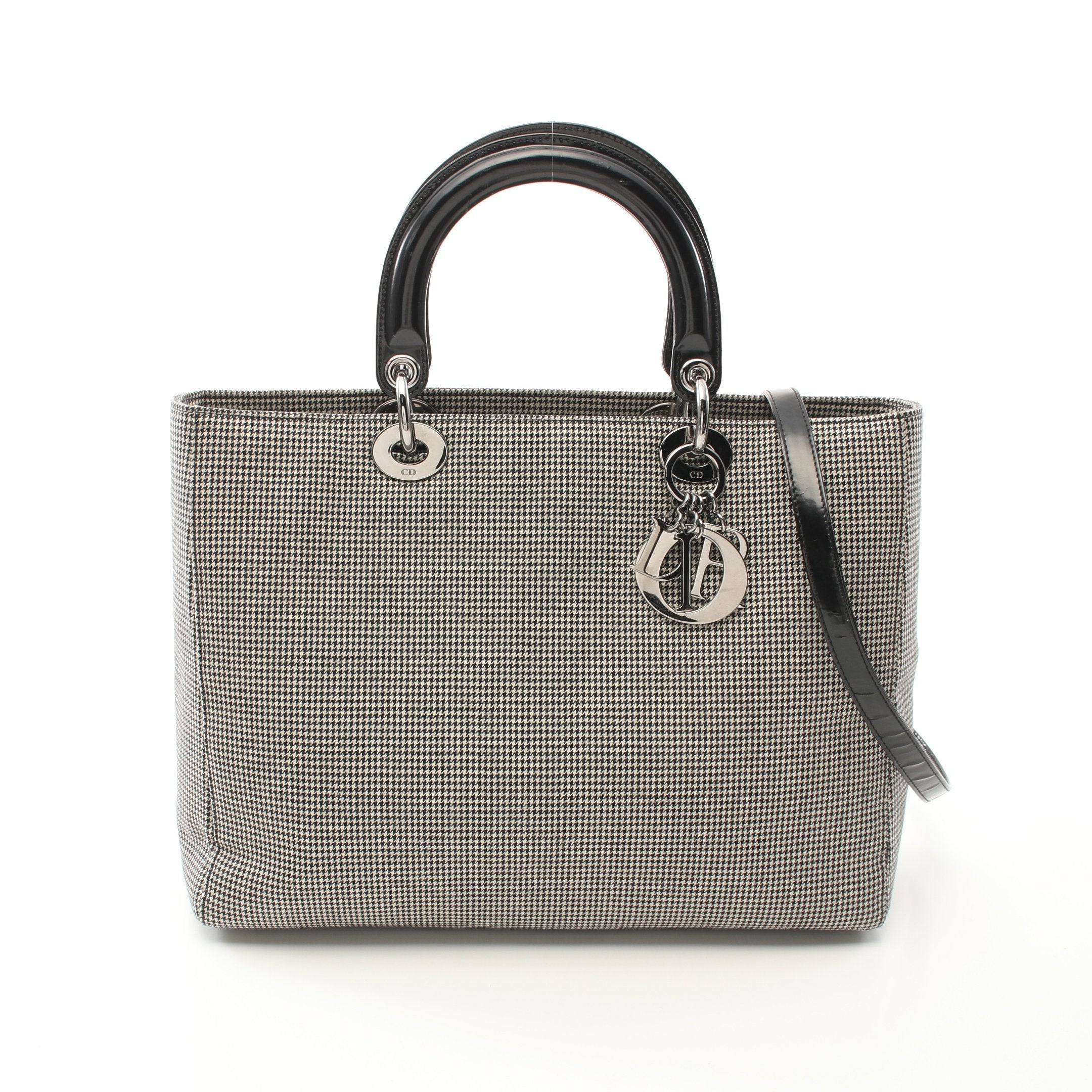 Dior Lady dior Large Handbag Canvas Patent leather Black White Houndstooth 2WAY
