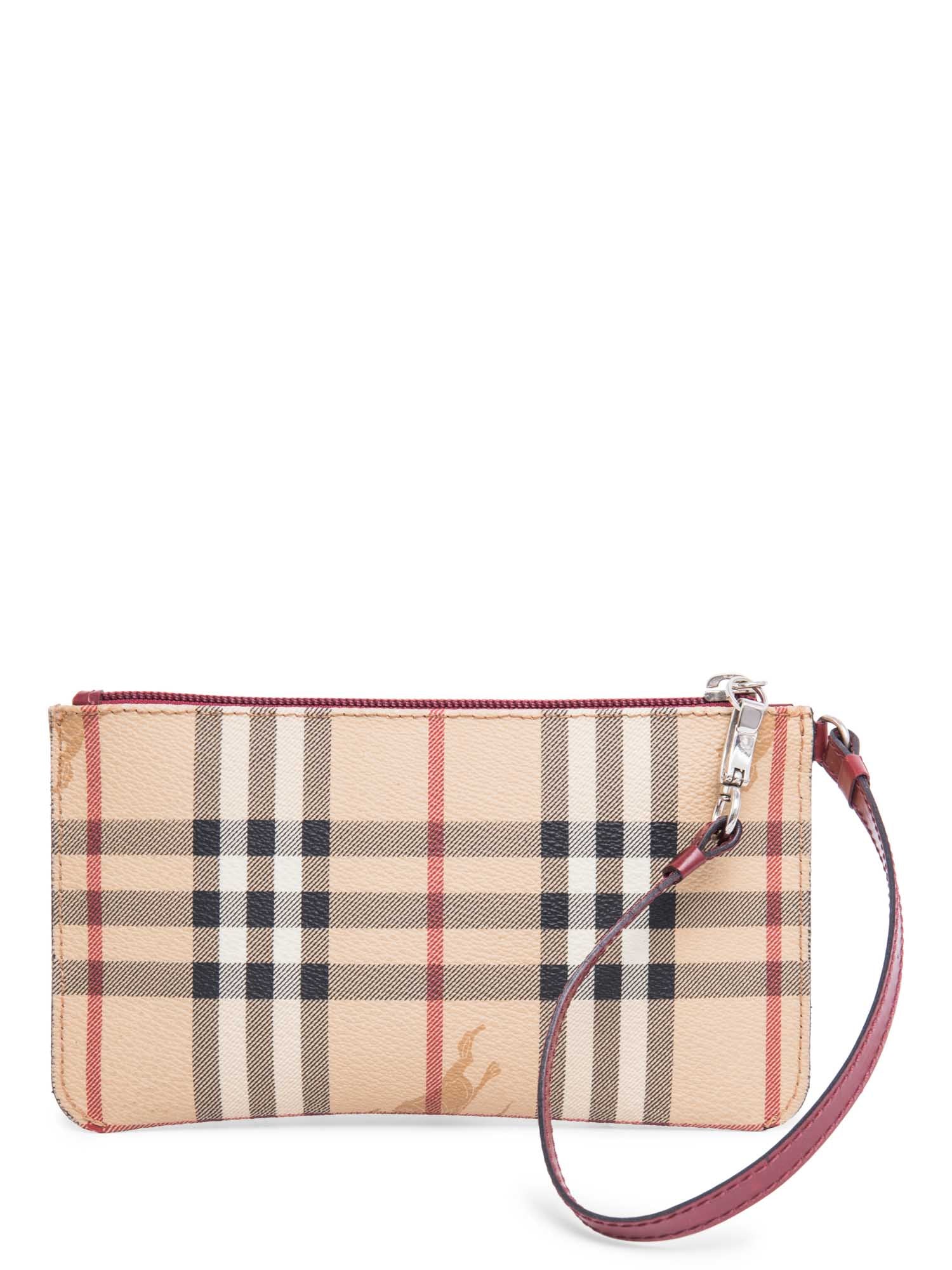 Burberry Logo Haymarket Check Wristlet Bag Beige Red