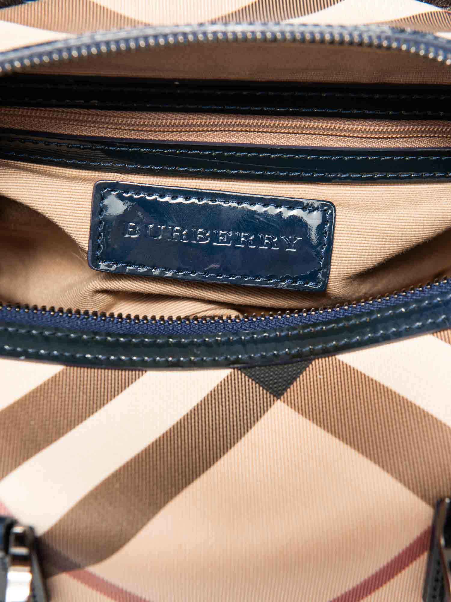 Burberry Nova Check Canvas Leather Boston Bag Beige Navy Blue 25