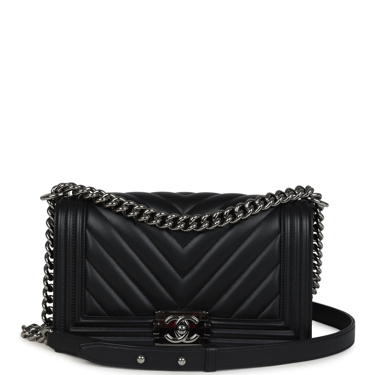 Chanel Medium Chevron Boy Bag Black Lambskin Ruthenium Hardware