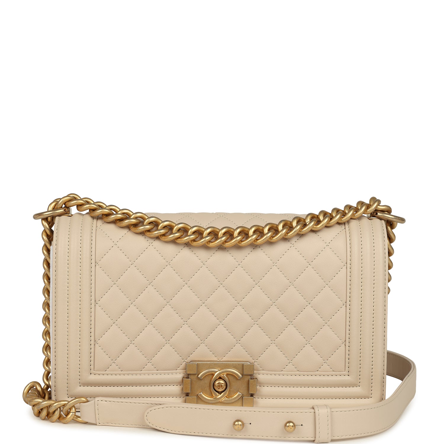 Chanel Medium Boy Bag Cream Lambskin Antique Gold Hardware