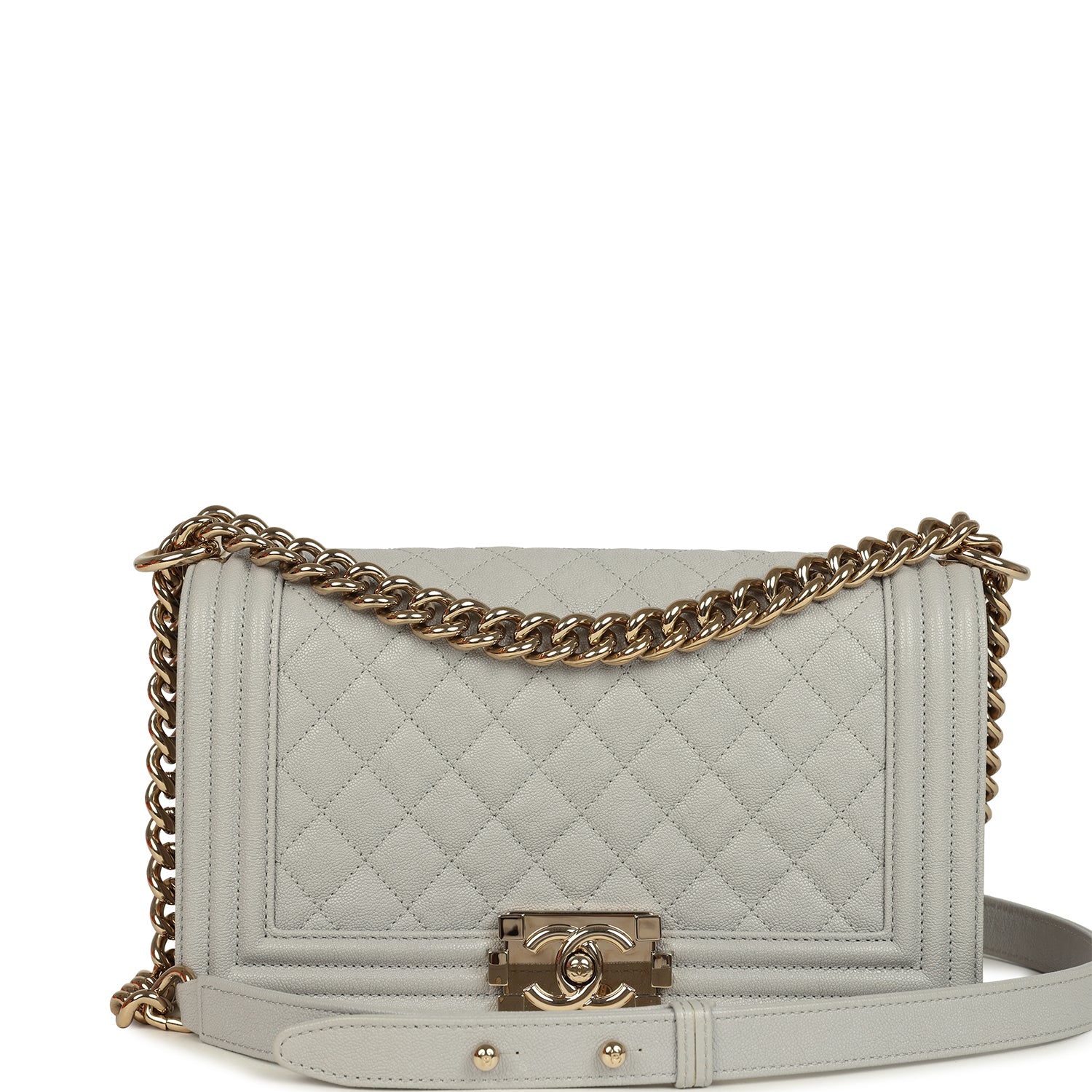 Chanel Medium Boy Bag Grey Shiny Caviar Light Gold Hardware