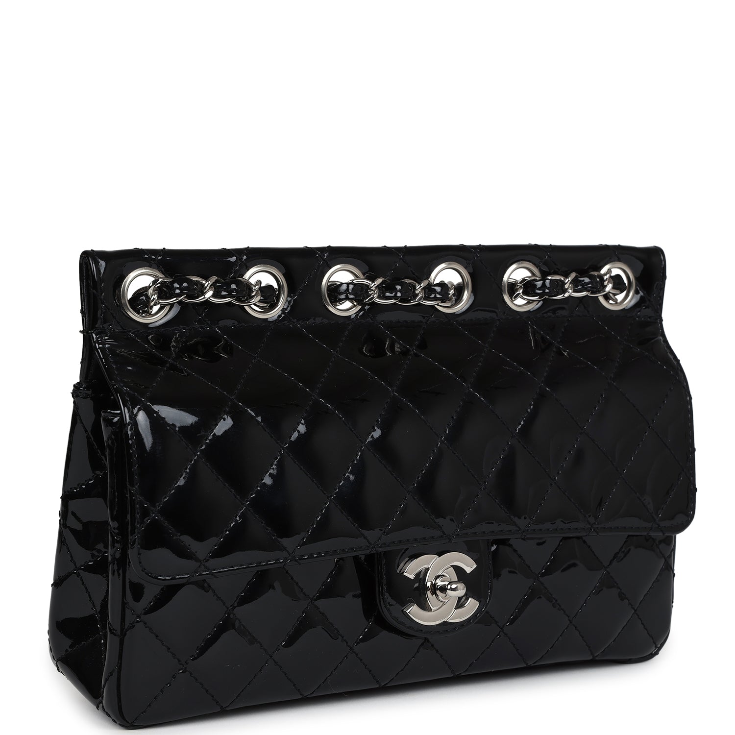 Vintage Chanel Chain Through Flap Bag Black Patent Silver Hardware