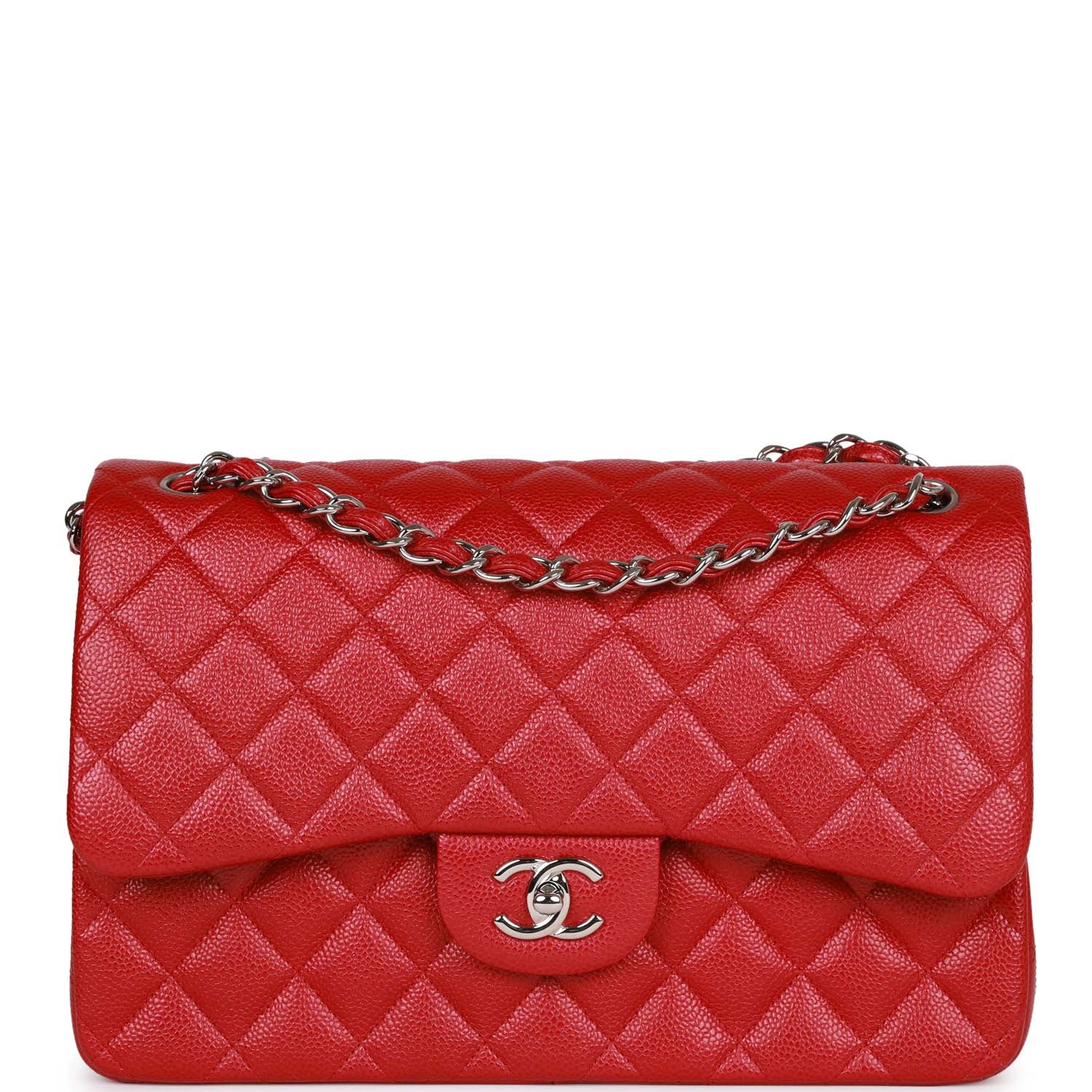 Chanel Jumbo Classic Double Flap Bag Metallic Red Caviar Silver Hardware