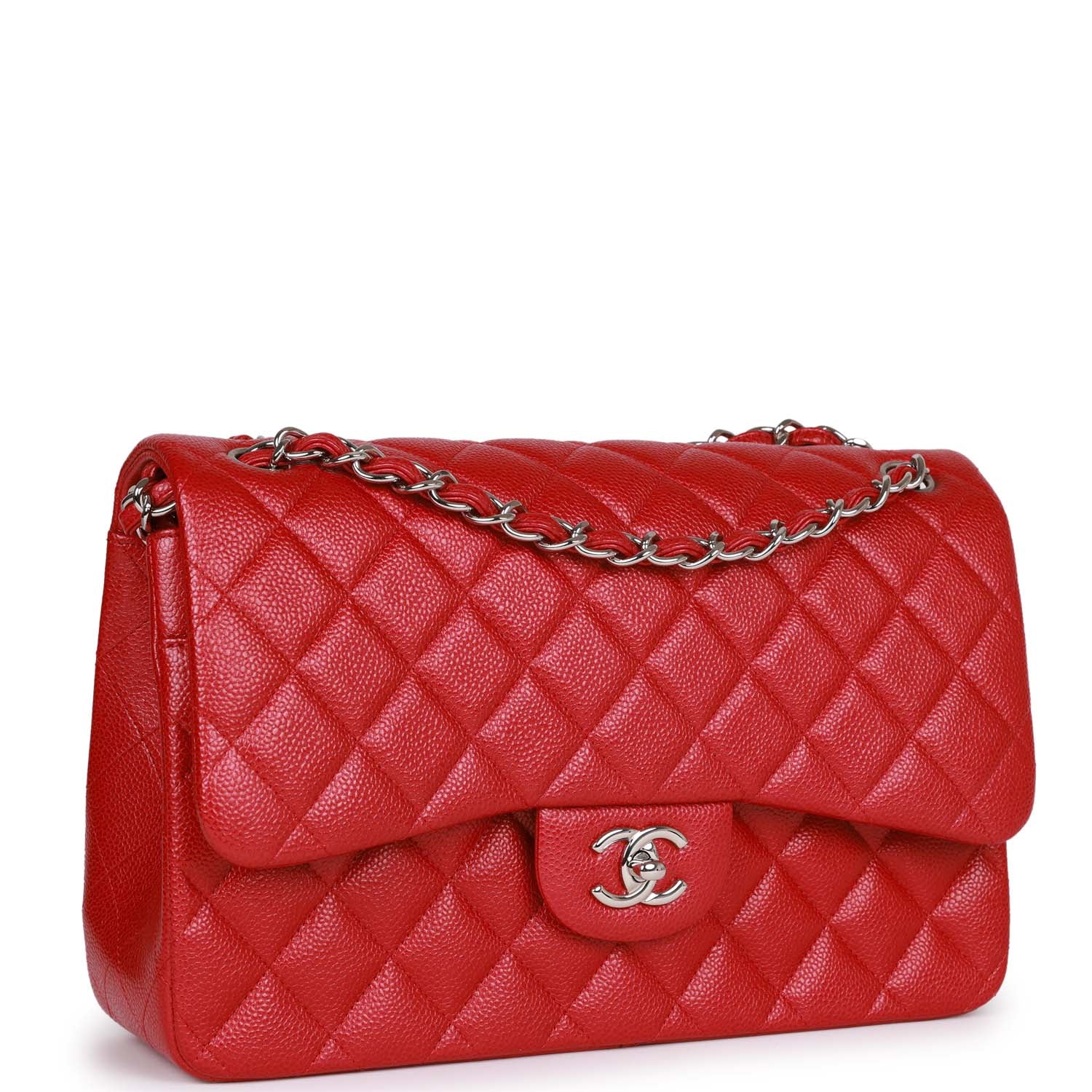 Chanel Jumbo Classic Double Flap Bag Metallic Red Caviar Silver Hardware