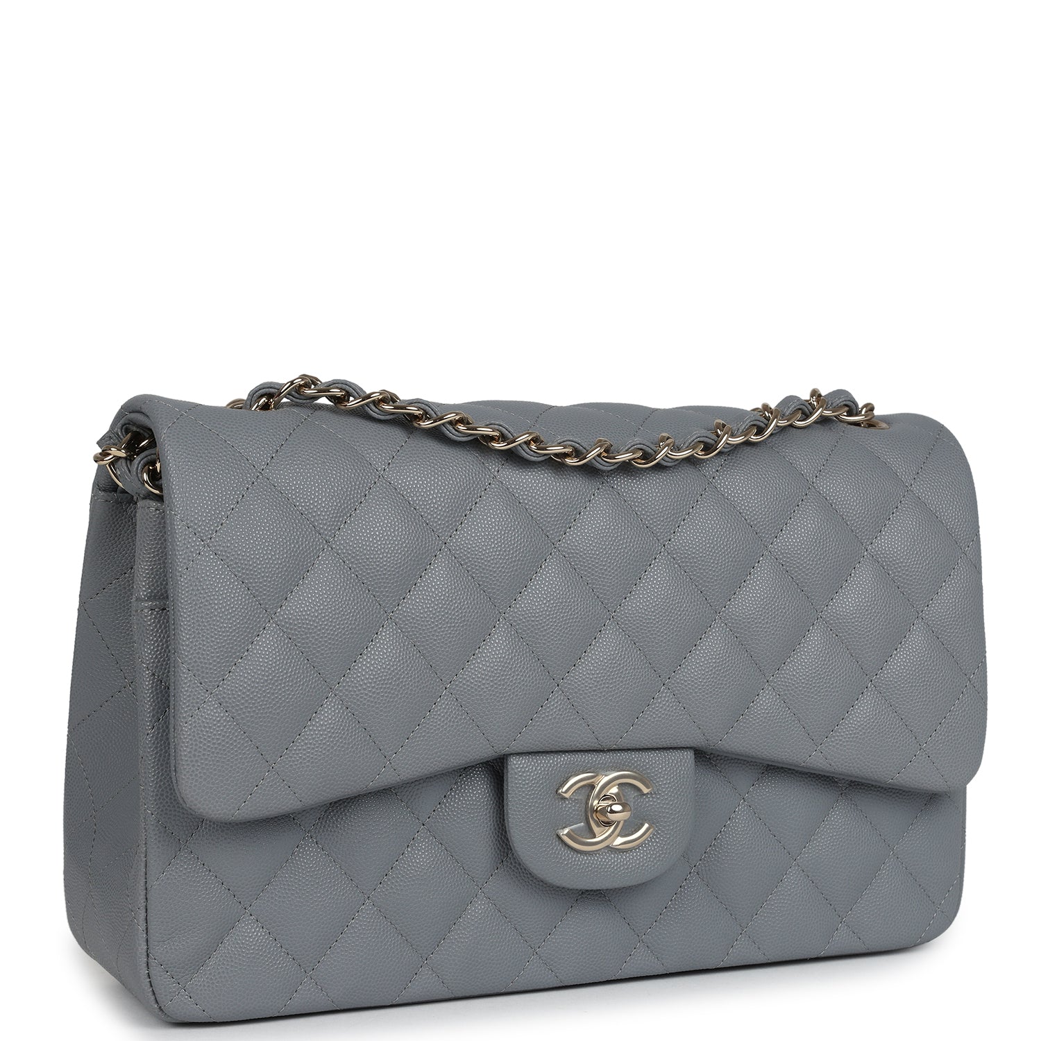 Chanel Jumbo Classic Double Flap Bag Light Grey Shiny Caviar Light Gold Hardware