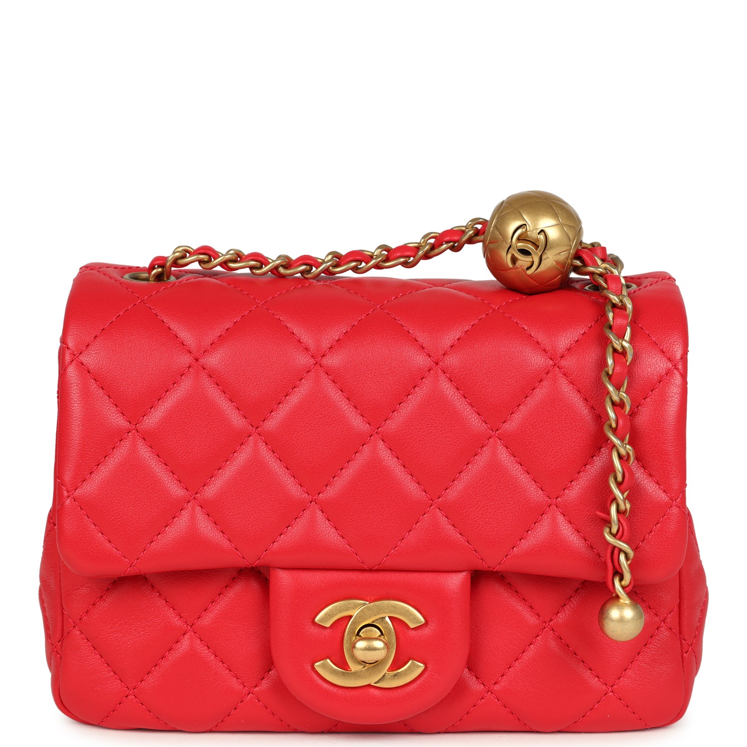 Chanel Mini Pearl Crush Square Flap Bag Red Lambskin Brushed Gold Hardware