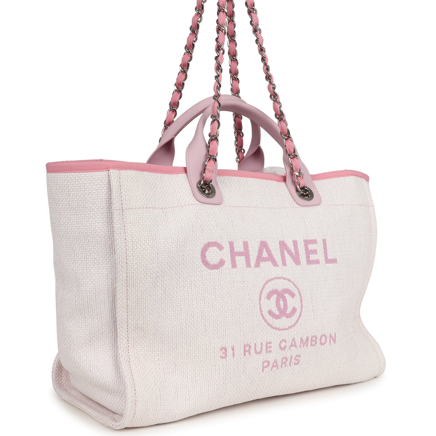 Chanel Medium Deauville Shopping Tote Light Pink Raffia and Canvas Silver Hardware