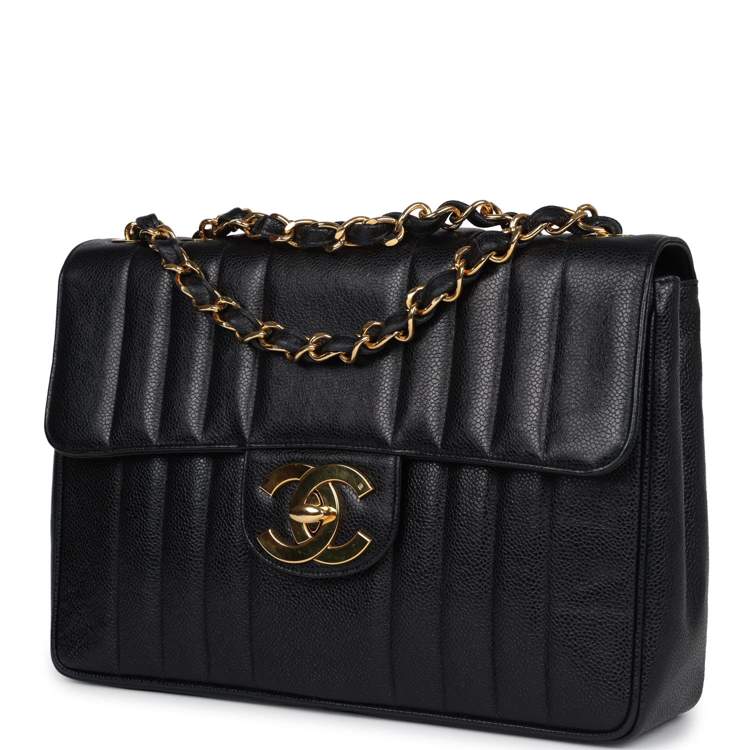 Vintage Chanel XL Jumbo Classic Mademoiselle Vertical Flap Black Caviar Gold Hardware