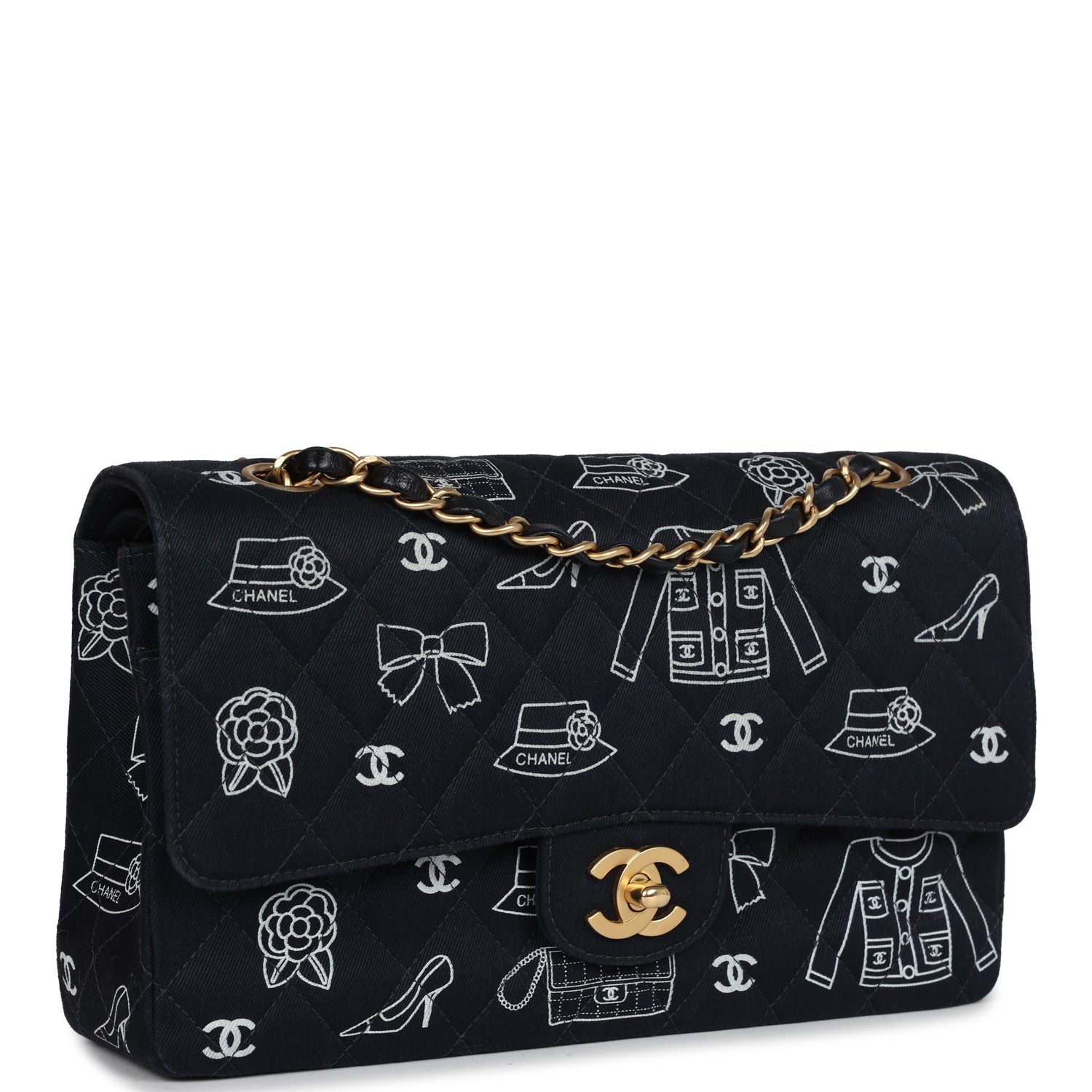 Vintage Chanel Medium Icon Print Double Flap Bag Navy Canvas Brushed Gold Hardware
