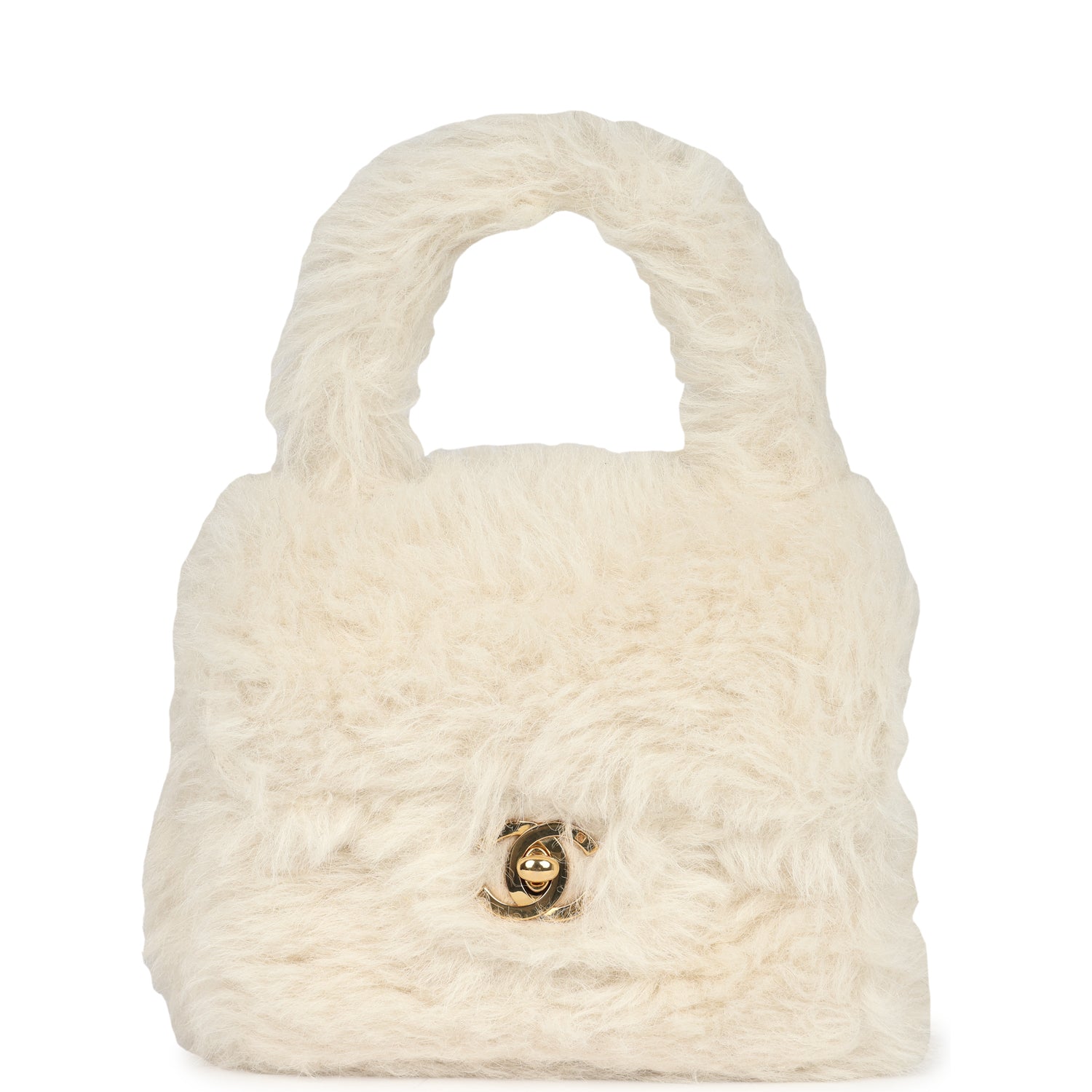 Vintage Chanel Micro Kelly Child White Rabbit Fur Gold Hardware