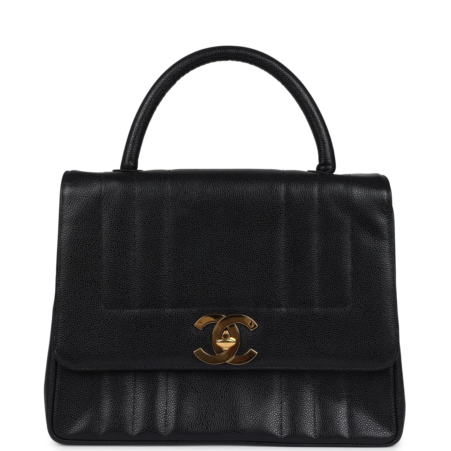 Vintage Chanel Vertical Stripe Kelly Flap Bag Black Caviar Gold Hardware