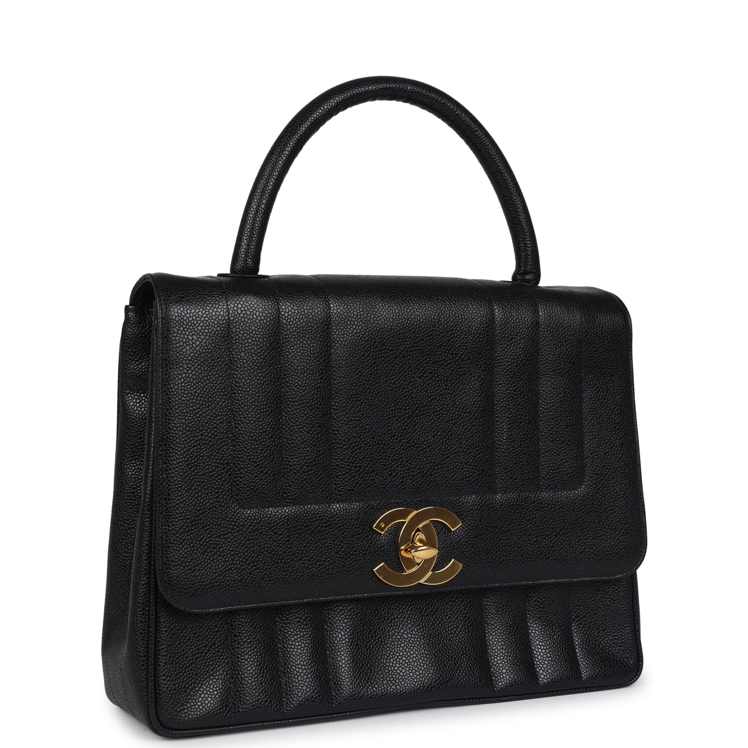 Vintage Chanel Vertical Stripe Kelly Flap Bag Black Caviar Gold Hardware